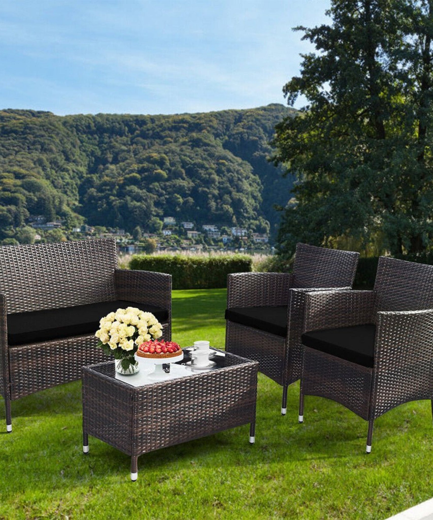 Alora 4-Piece Outdoor Rattan Patio Furniture Set With Cushions & Coffee Table (SAK75463)