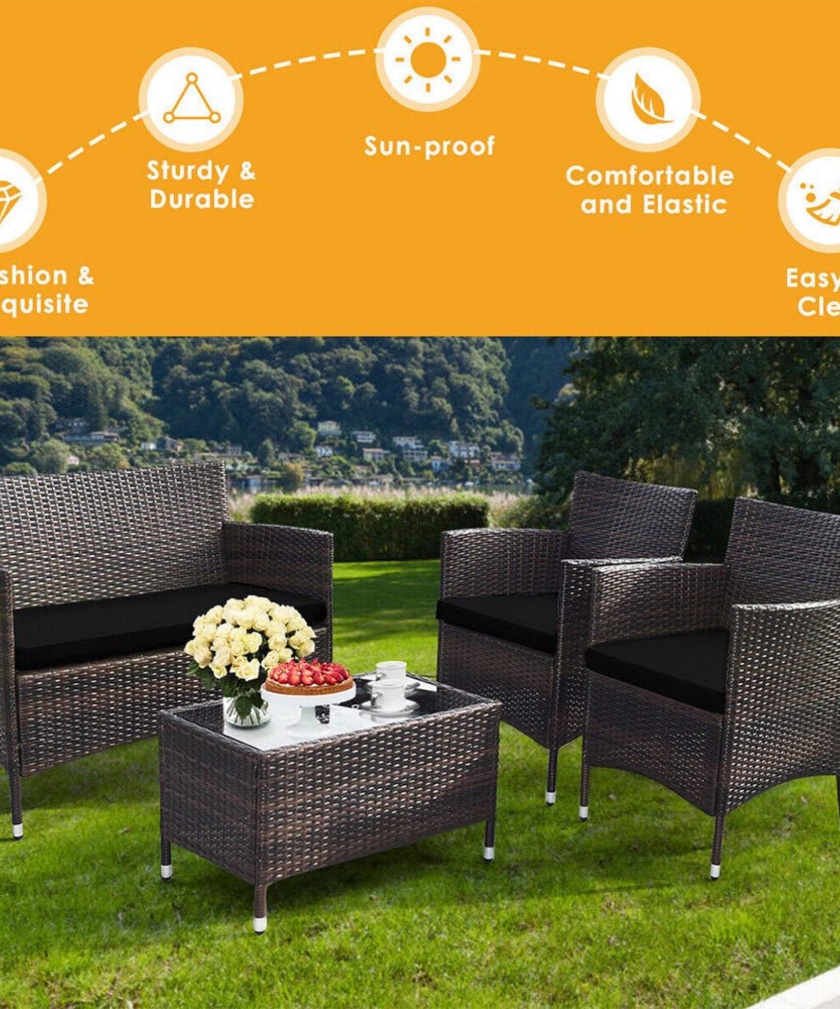 Alora 4-Piece Outdoor Rattan Patio Furniture Set With Cushions & Coffee Table (SAK75463)