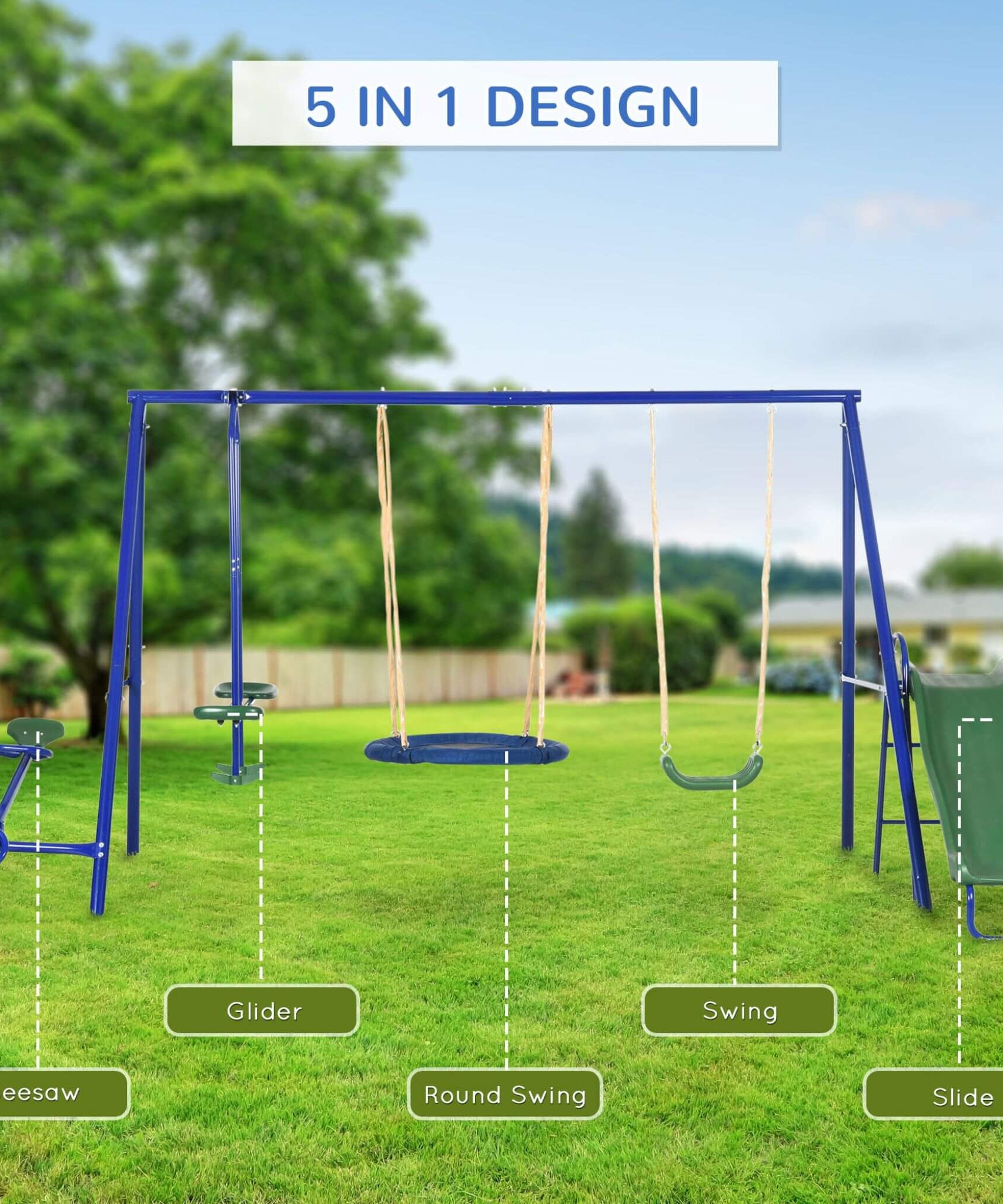 5-In-1 Heavy-Duty Outdoor A-Frame Swing Set With Saucer, Swing, Slide, Seesaw, Glider, And Swing Seat (SAK61472)