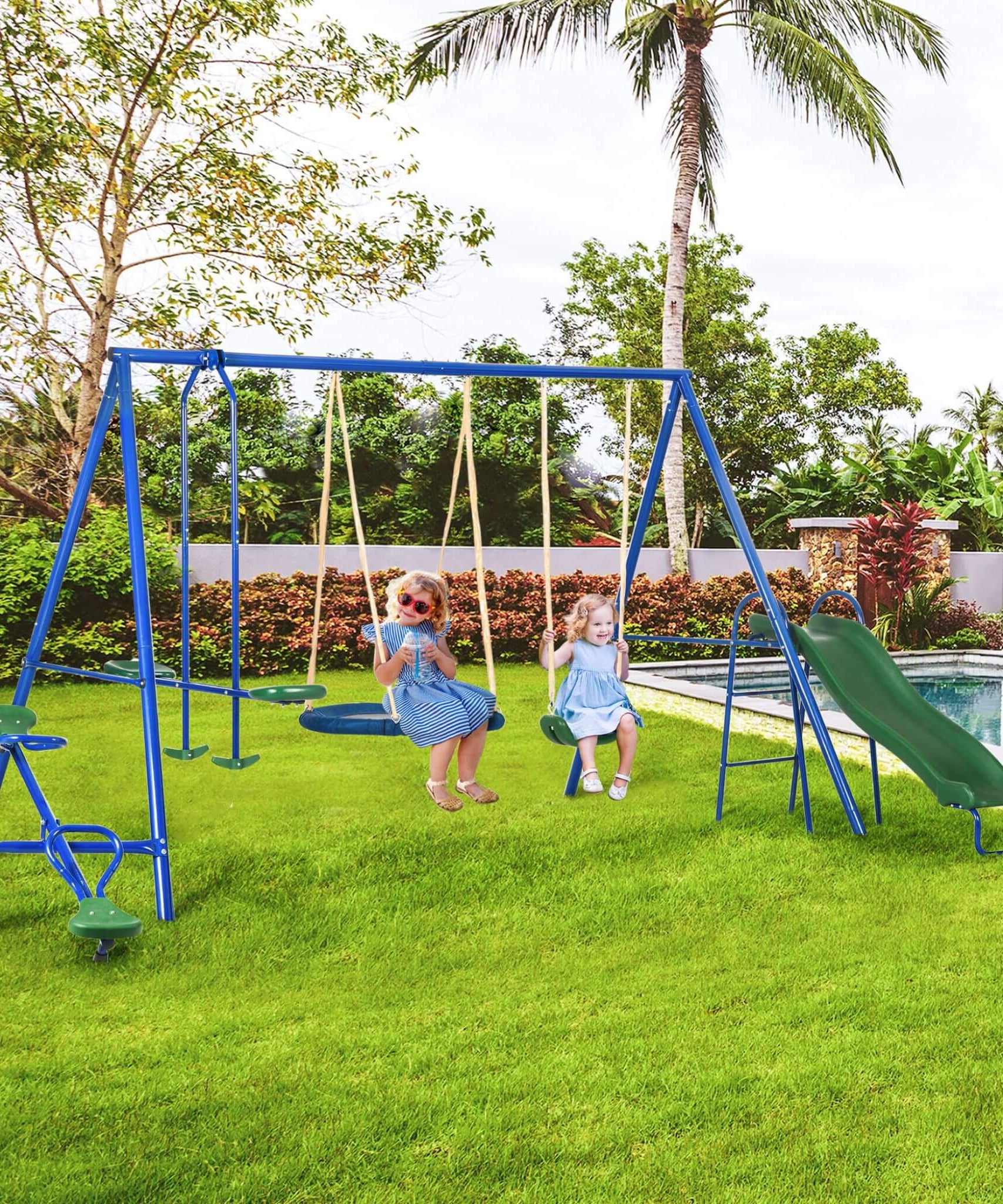 5-In-1 Heavy-Duty Outdoor A-Frame Swing Set With Saucer, Swing, Slide, Seesaw, Glider, And Swing Seat (SAK61472)