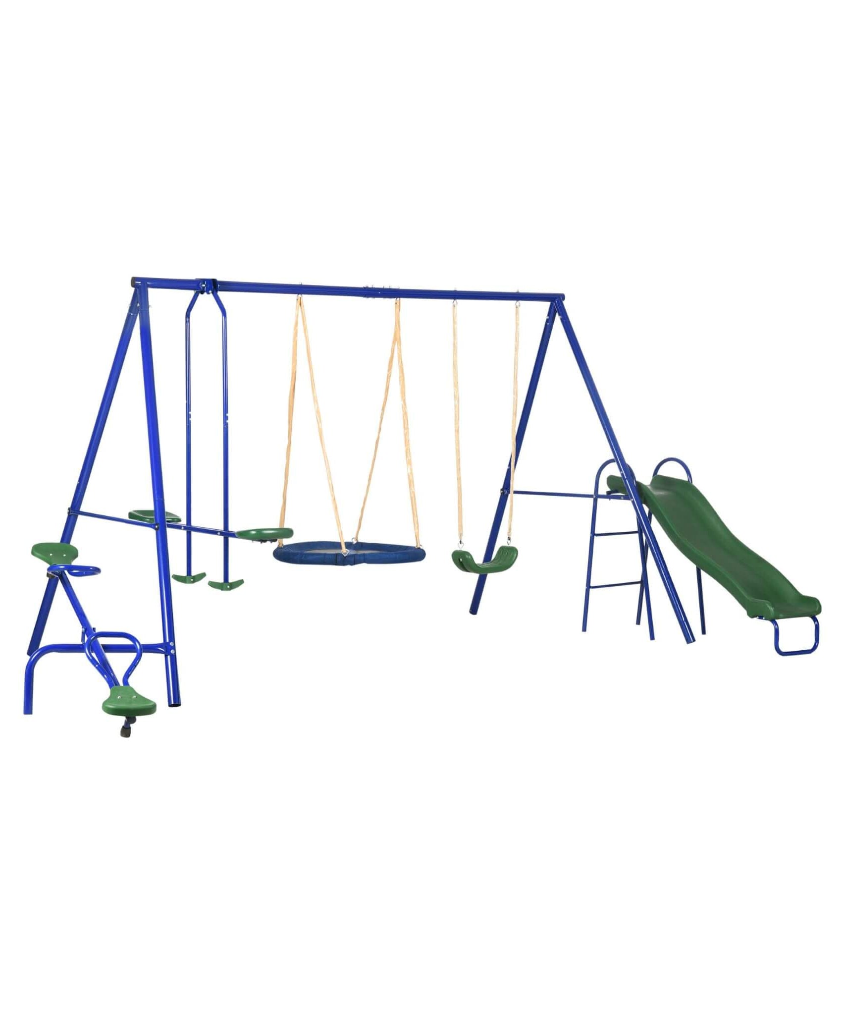 5-In-1 Heavy-Duty Outdoor A-Frame Swing Set With Saucer, Swing, Slide, Seesaw, Glider, And Swing Seat (SAK61472)