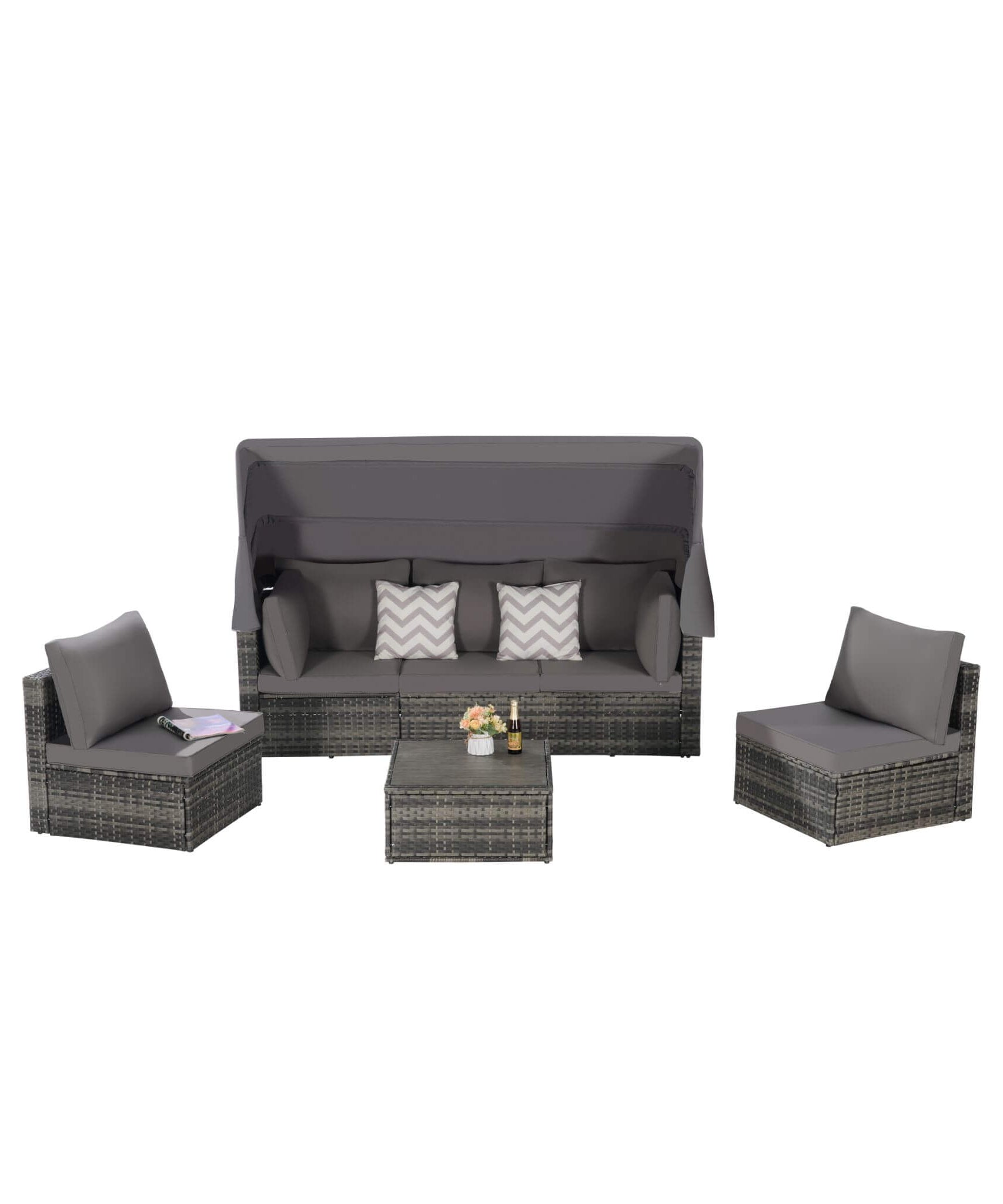 Alora 5-Piece Outdoor Patio Wicker Daybed Furniture Set With Retractable Canopy (SAK37816)