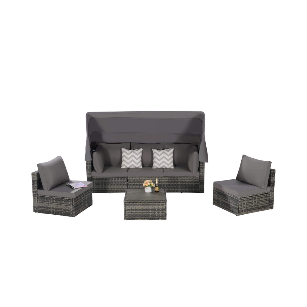 Alora 5-Piece Outdoor Patio Wicker Daybed Furniture Set With Retractable Canopy (SAK37816)