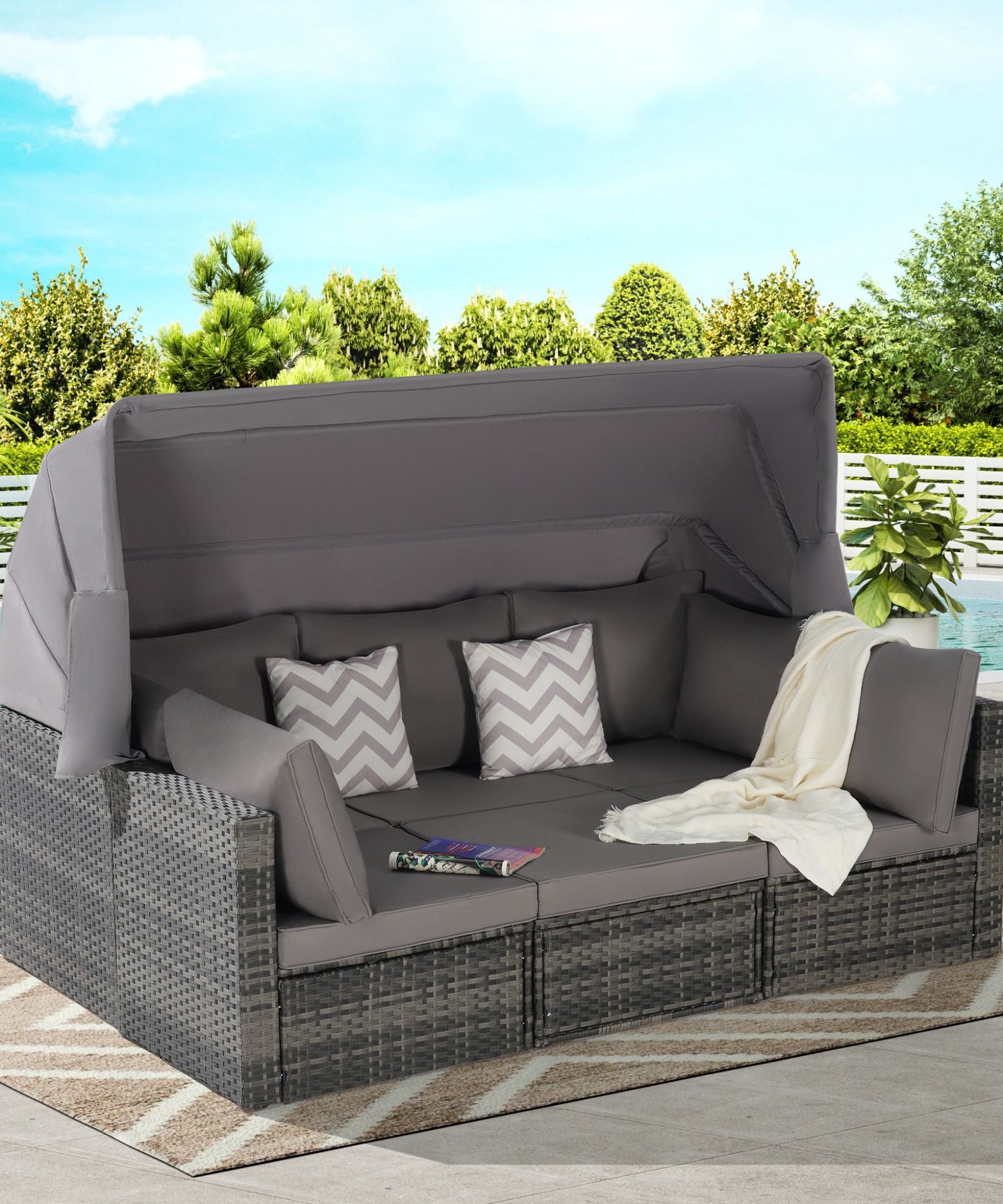 Alora 5-Piece Outdoor Patio Wicker Daybed Furniture Set With Retractable Canopy (SAK37816)