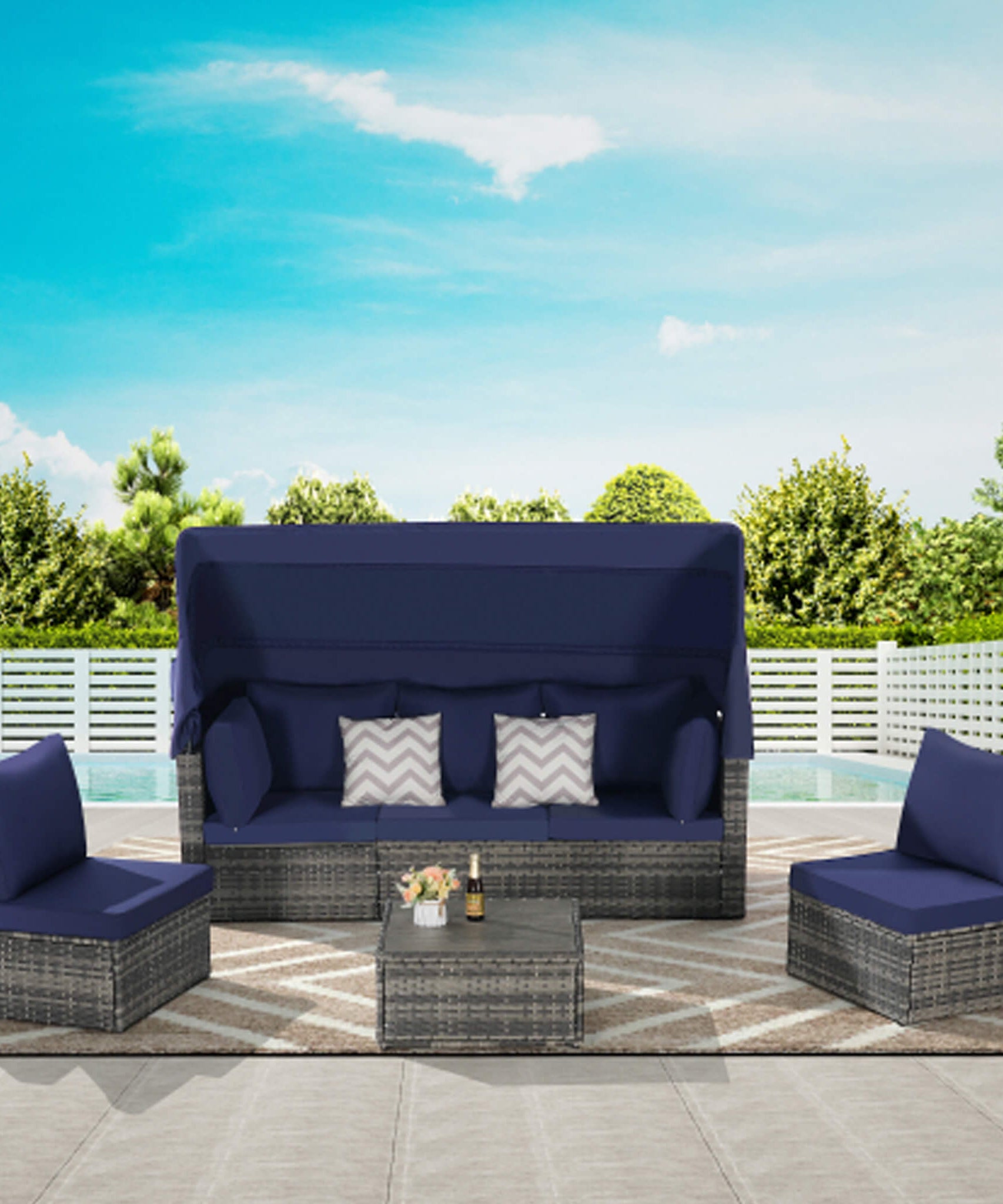 Alora 5-Piece Outdoor Patio Wicker Daybed Furniture Set With Retractable Canopy (SAK37816)