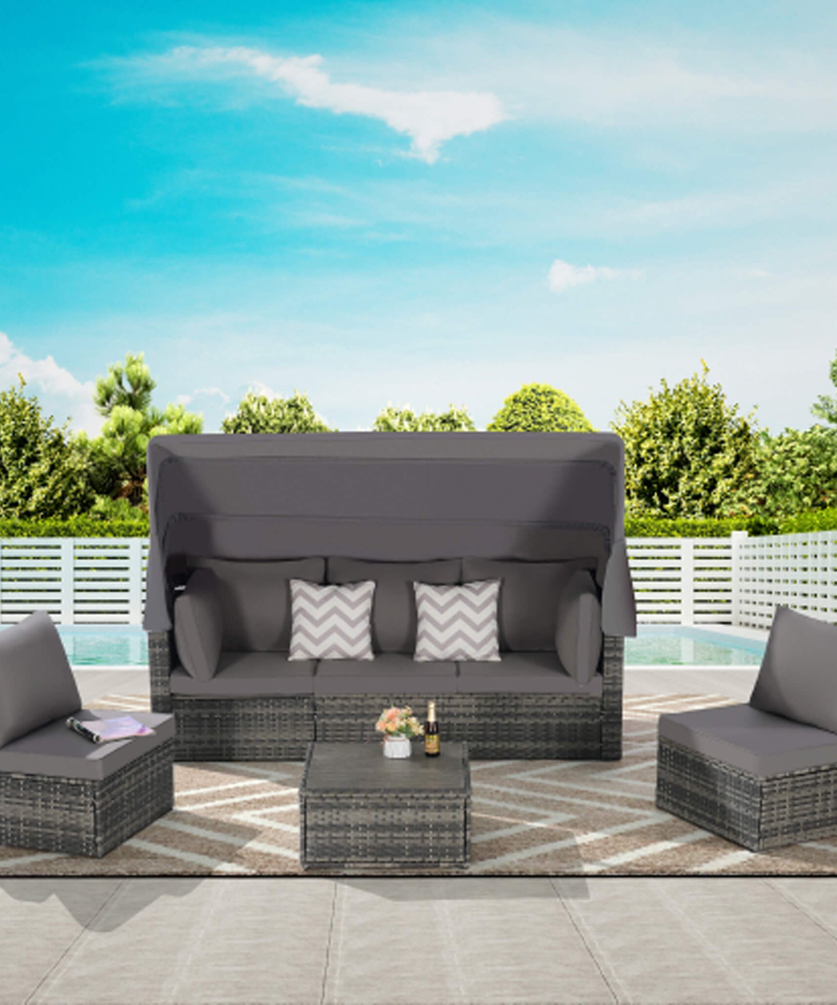 Alora 5-Piece Outdoor Patio Wicker Daybed Furniture Set With Retractable Canopy (SAK37816)