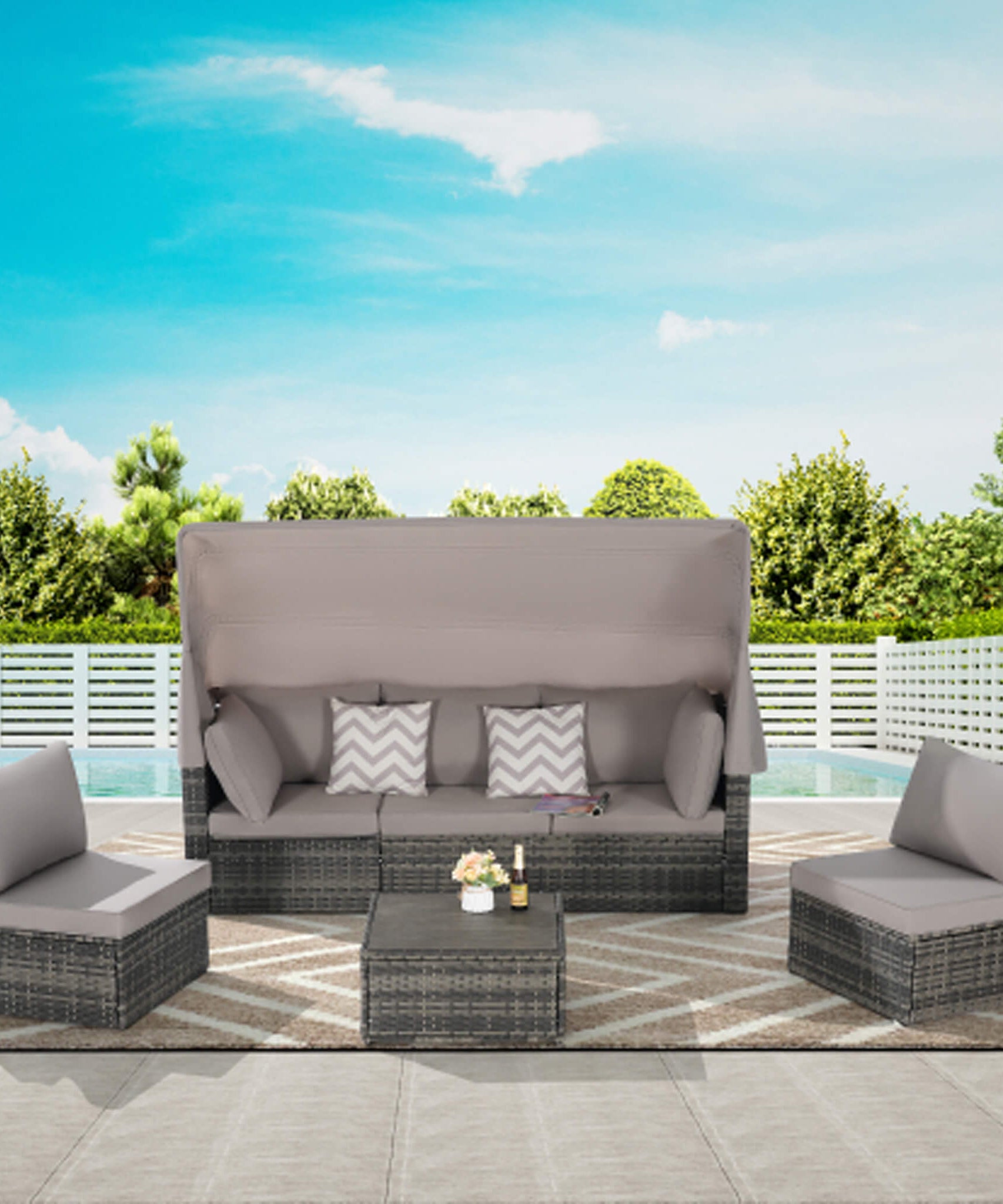 Alora 5-Piece Outdoor Patio Wicker Daybed Furniture Set With Retractable Canopy (SAK37816)