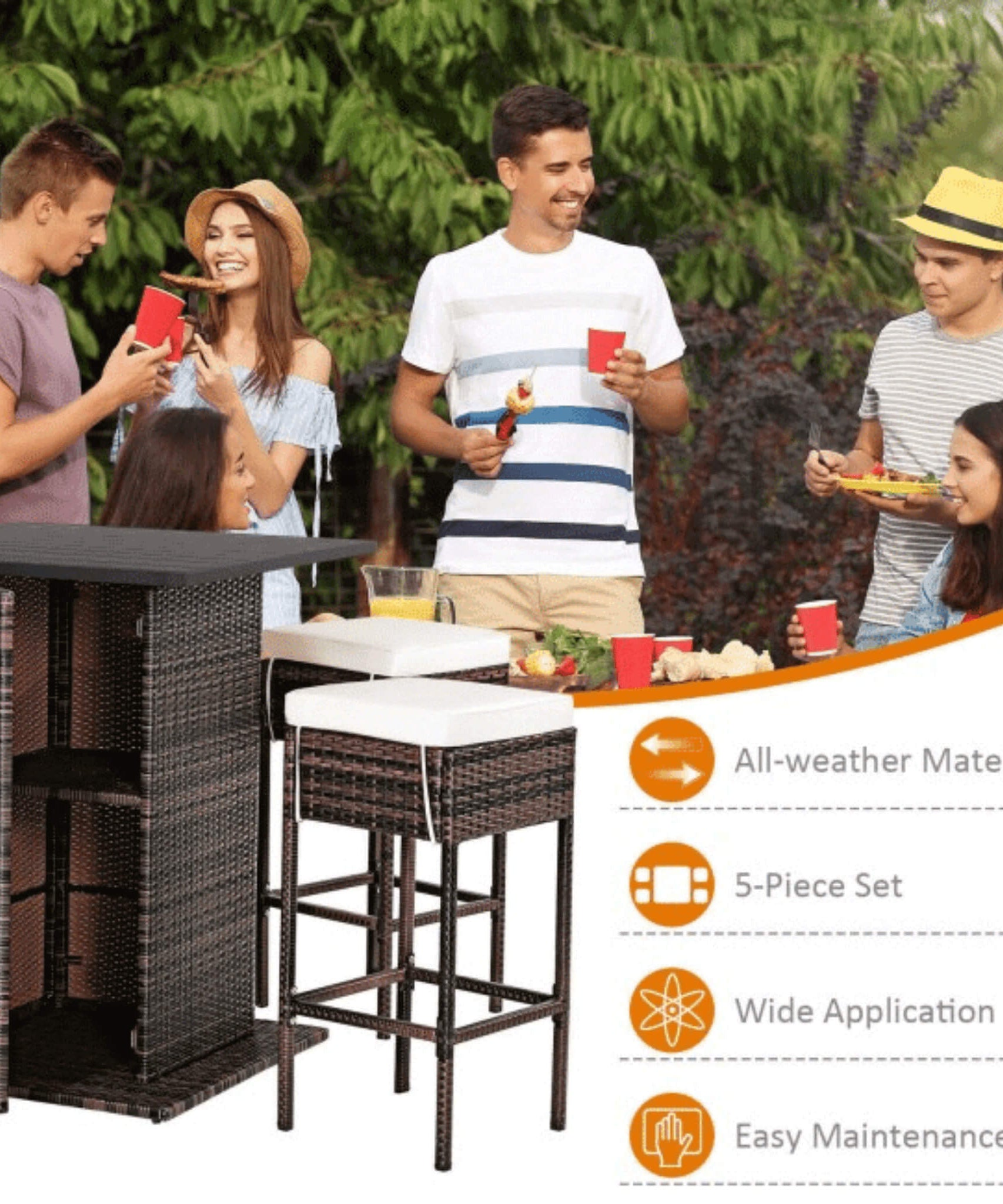 Alora 5-Piece Patio Rattan Bar Table Stool Set With Hidden Storage Shelf & Cushions (SAK14645)