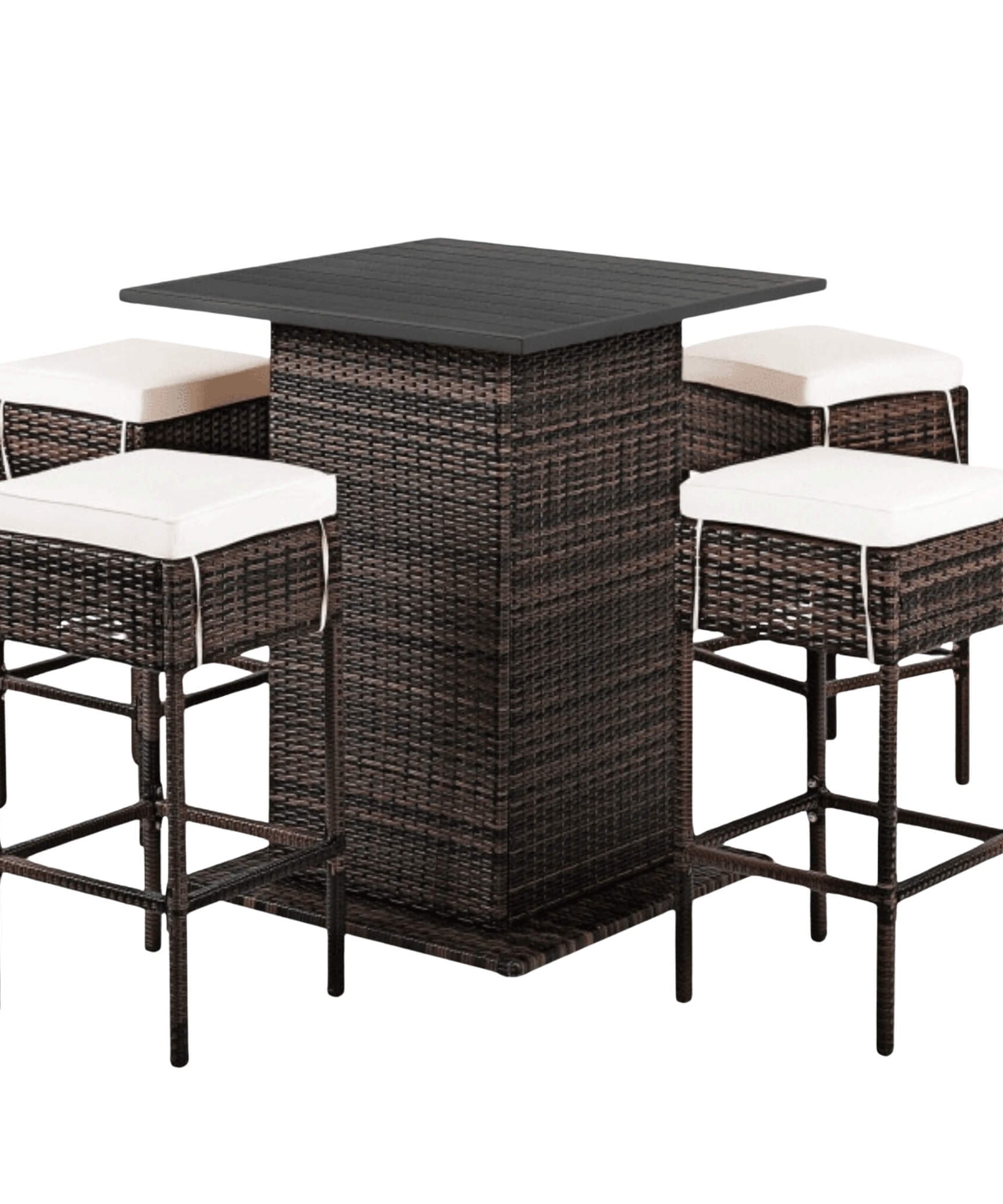 Alora 5-Piece Patio Rattan Bar Table Stool Set With Hidden Storage Shelf & Cushions (SAK14645)