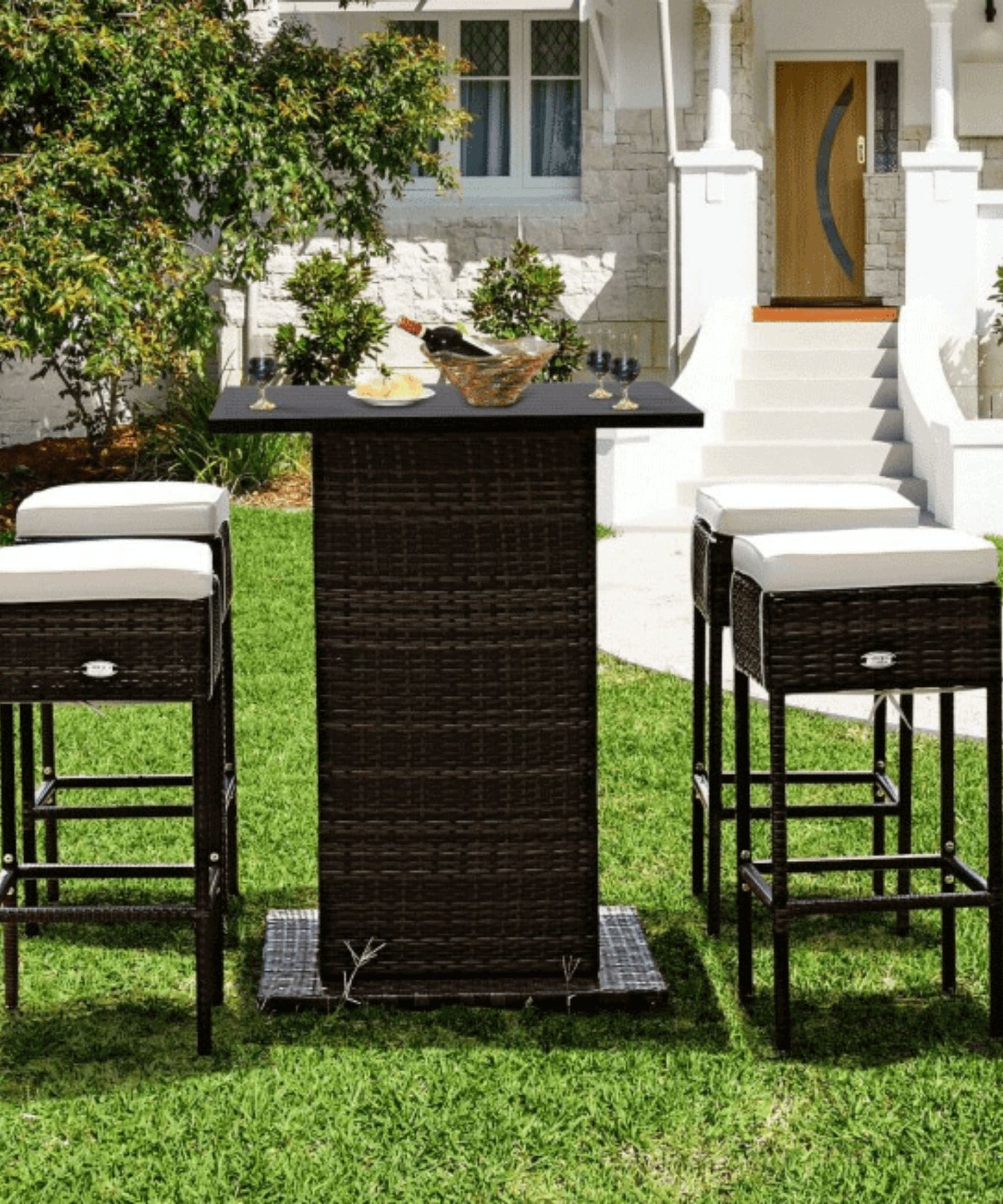 Alora 5-Piece Patio Rattan Bar Table Stool Set With Hidden Storage Shelf & Cushions (SAK14645)