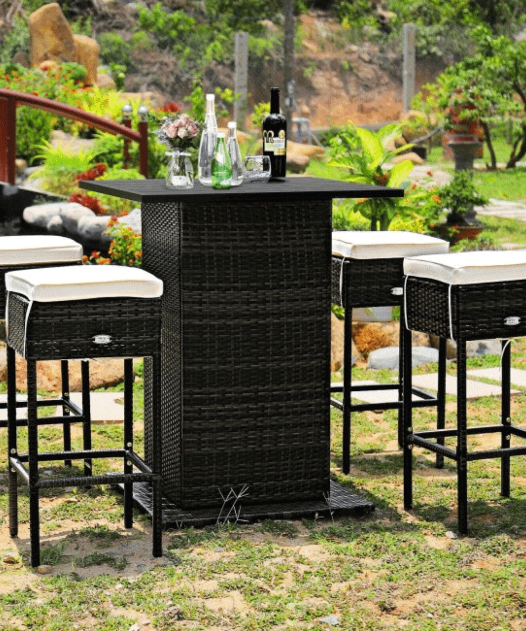Alora 5-Piece Patio Rattan Bar Table Stool Set With Hidden Storage Shelf & Cushions (SAK14645)