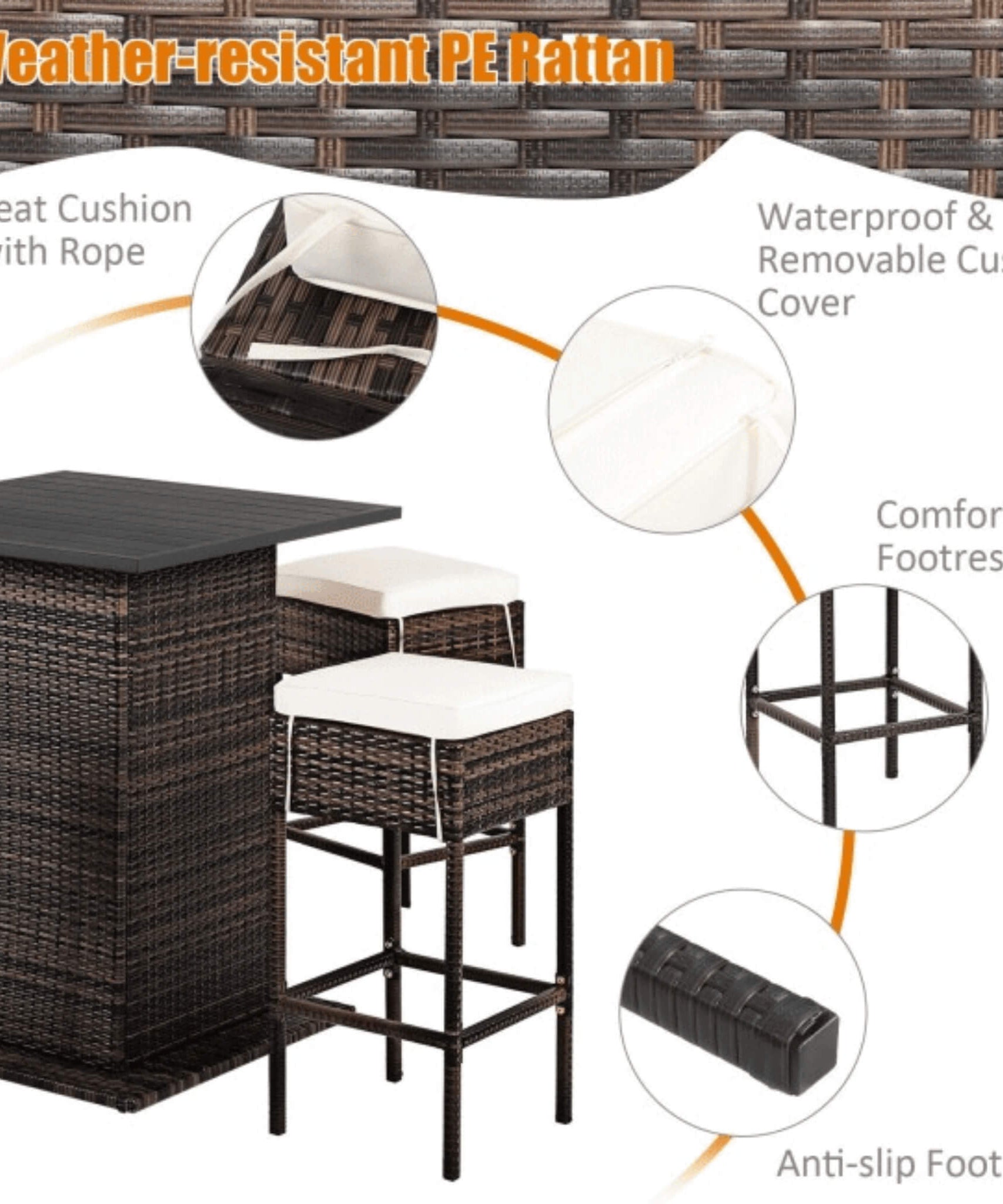 Alora 5-Piece Patio Rattan Bar Table Stool Set With Hidden Storage Shelf & Cushions (SAK14645)
