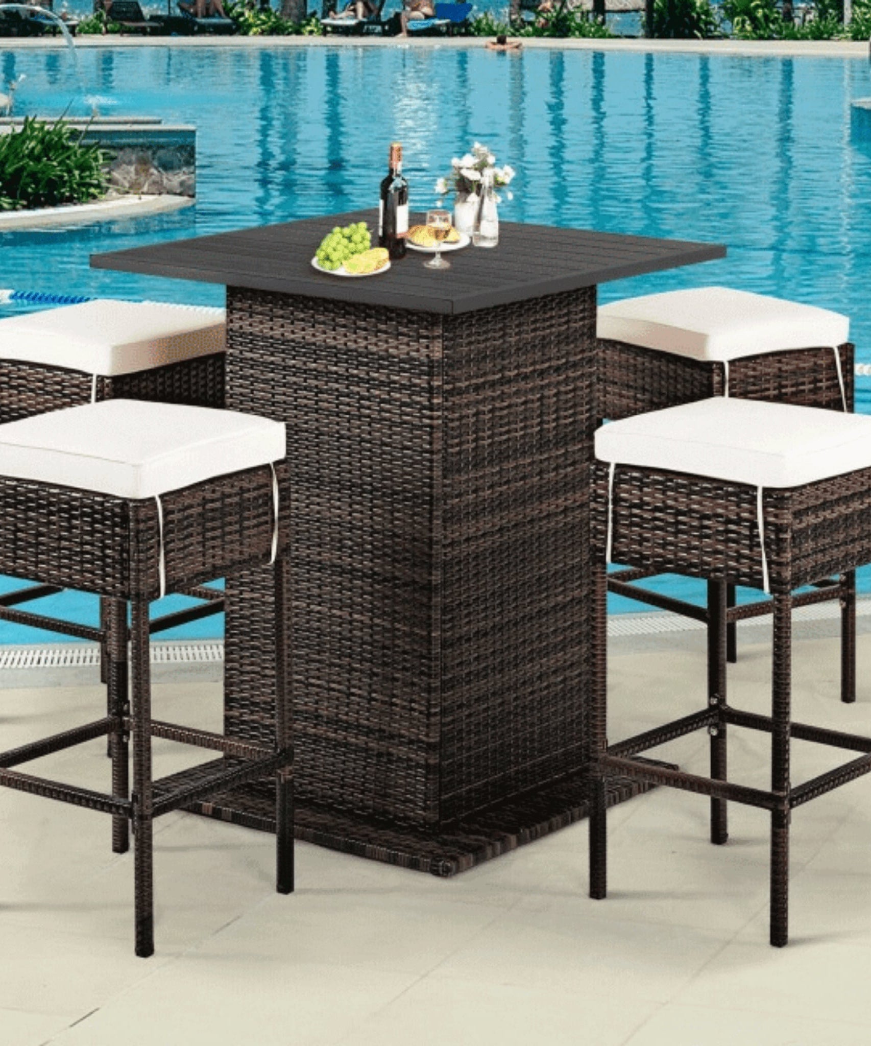 Alora 5-Piece Patio Rattan Bar Table Stool Set With Hidden Storage Shelf & Cushions (SAK14645)