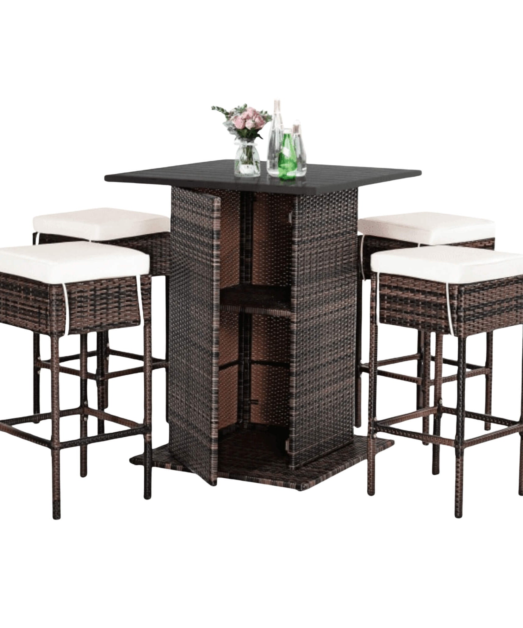 Alora 5-Piece Patio Rattan Bar Table Stool Set With Hidden Storage Shelf & Cushions (SAK14645)
