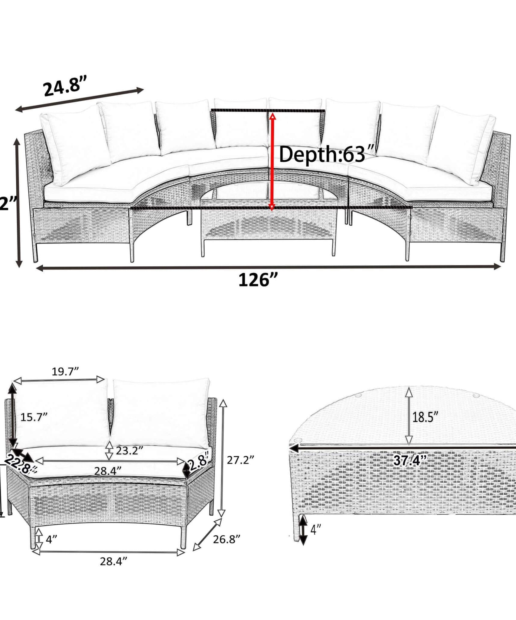 Alora Premium 5-Piece All-Weather Half-Moon Outdoor Rattan Wicker Patio Sectional Sofa Furniture Set With Tempered Glass Table (SAK32615)