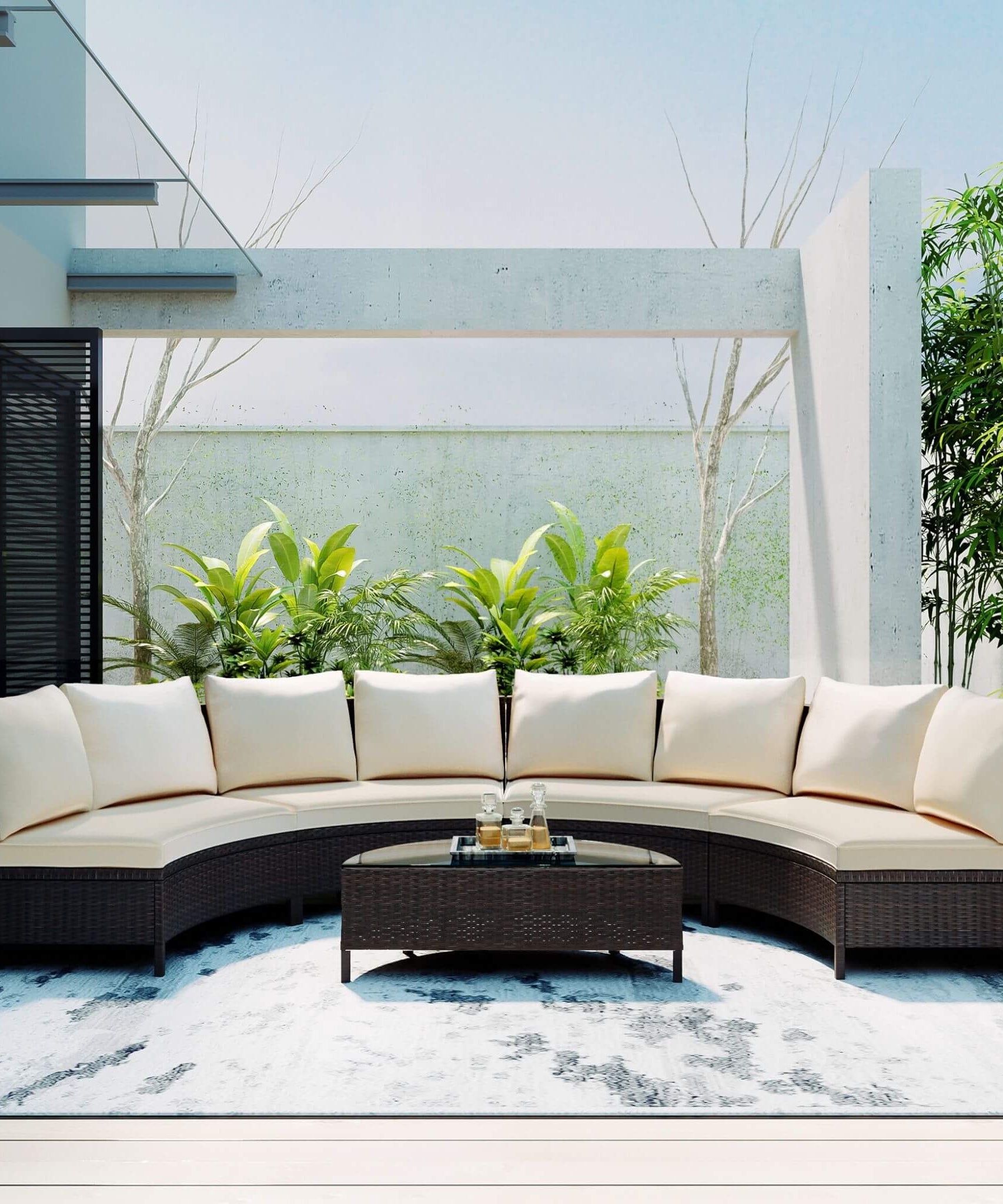 Alora Premium 5-Piece All-Weather Half-Moon Outdoor Rattan Wicker Patio Sectional Sofa Furniture Set With Tempered Glass Table (SAK32615)