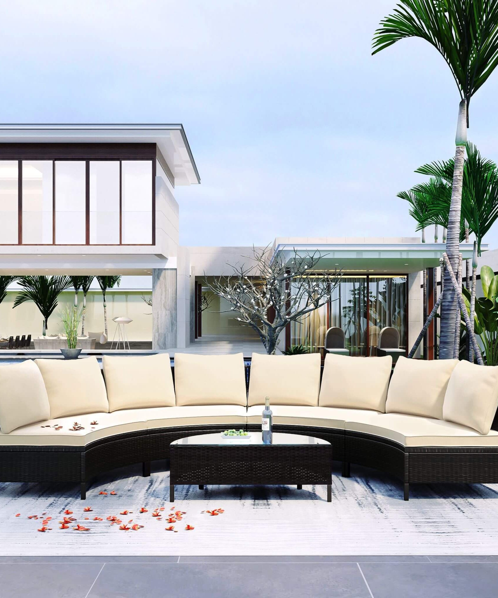 Alora Premium 5-Piece All-Weather Half-Moon Outdoor Rattan Wicker Patio Sectional Sofa Furniture Set With Tempered Glass Table (SAK32615)