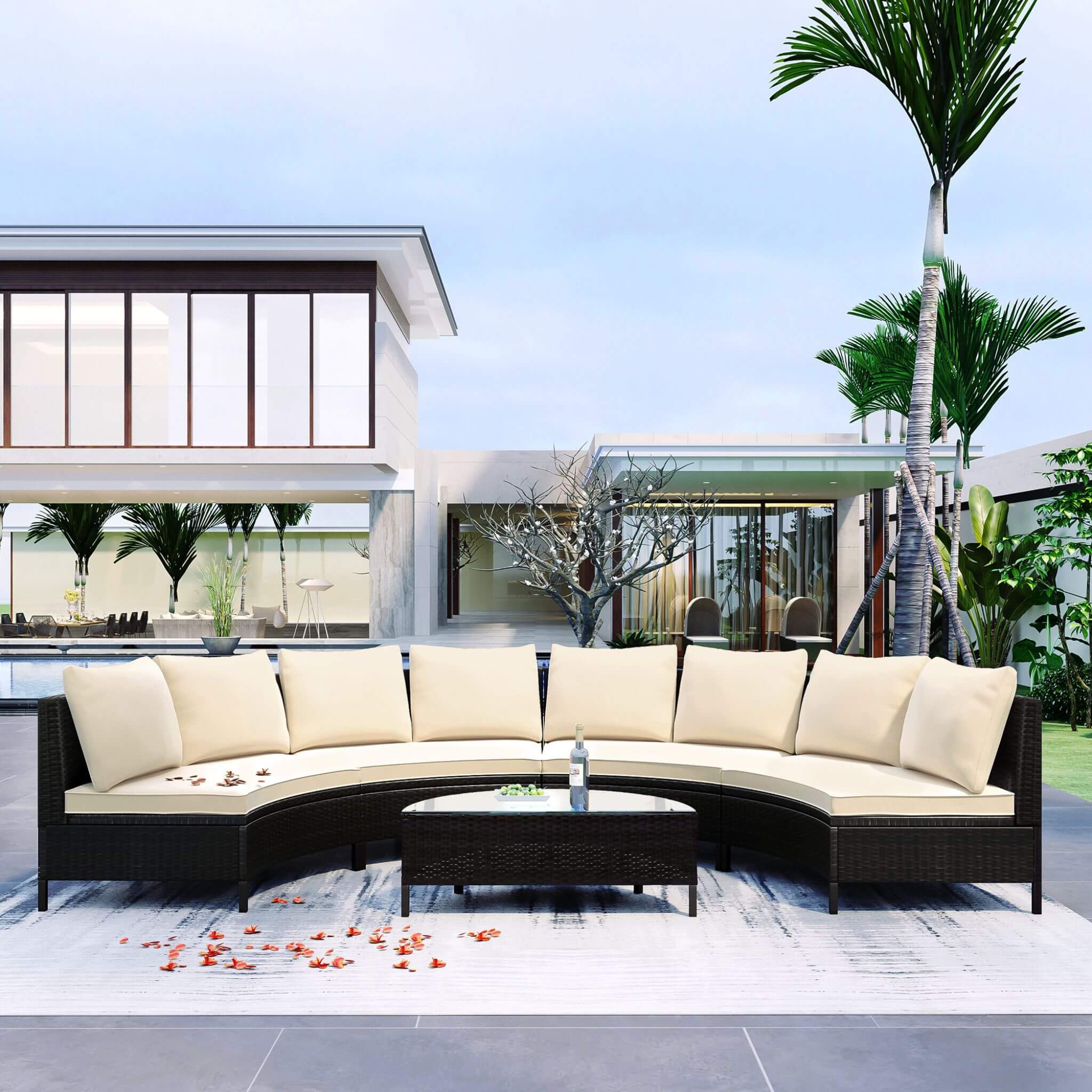 Alora Premium 5-Piece All-Weather Half-Moon Outdoor Rattan Wicker Patio Sectional Sofa Furniture Set With Tempered Glass Table (SAK32615)