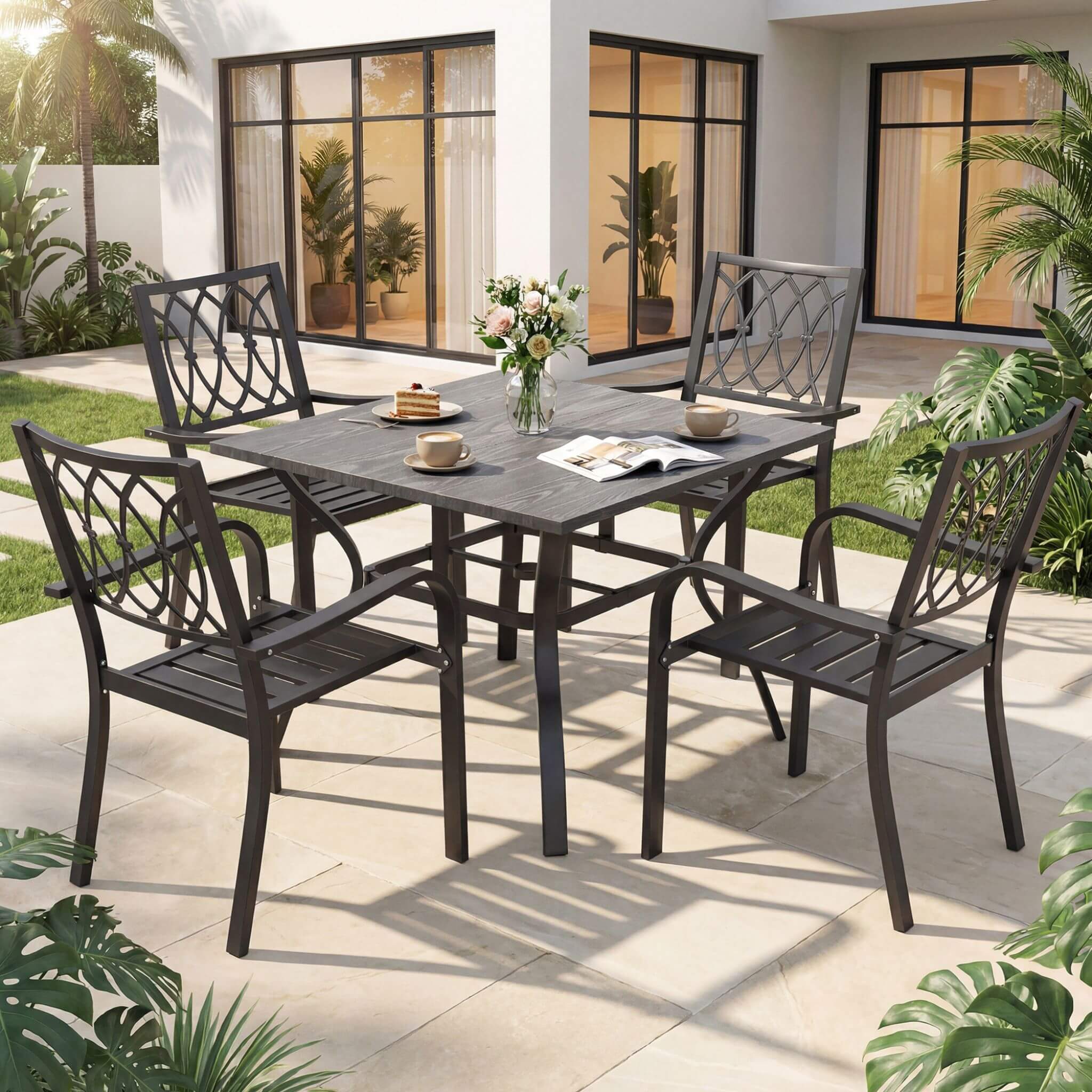 Alora 5-Piece Outdoor Dining Set With 4 Heavy-Duty Chairs And Square Table With Umbrella Hole [UMBRELLA NOT INCLUDED] (SAK93546)