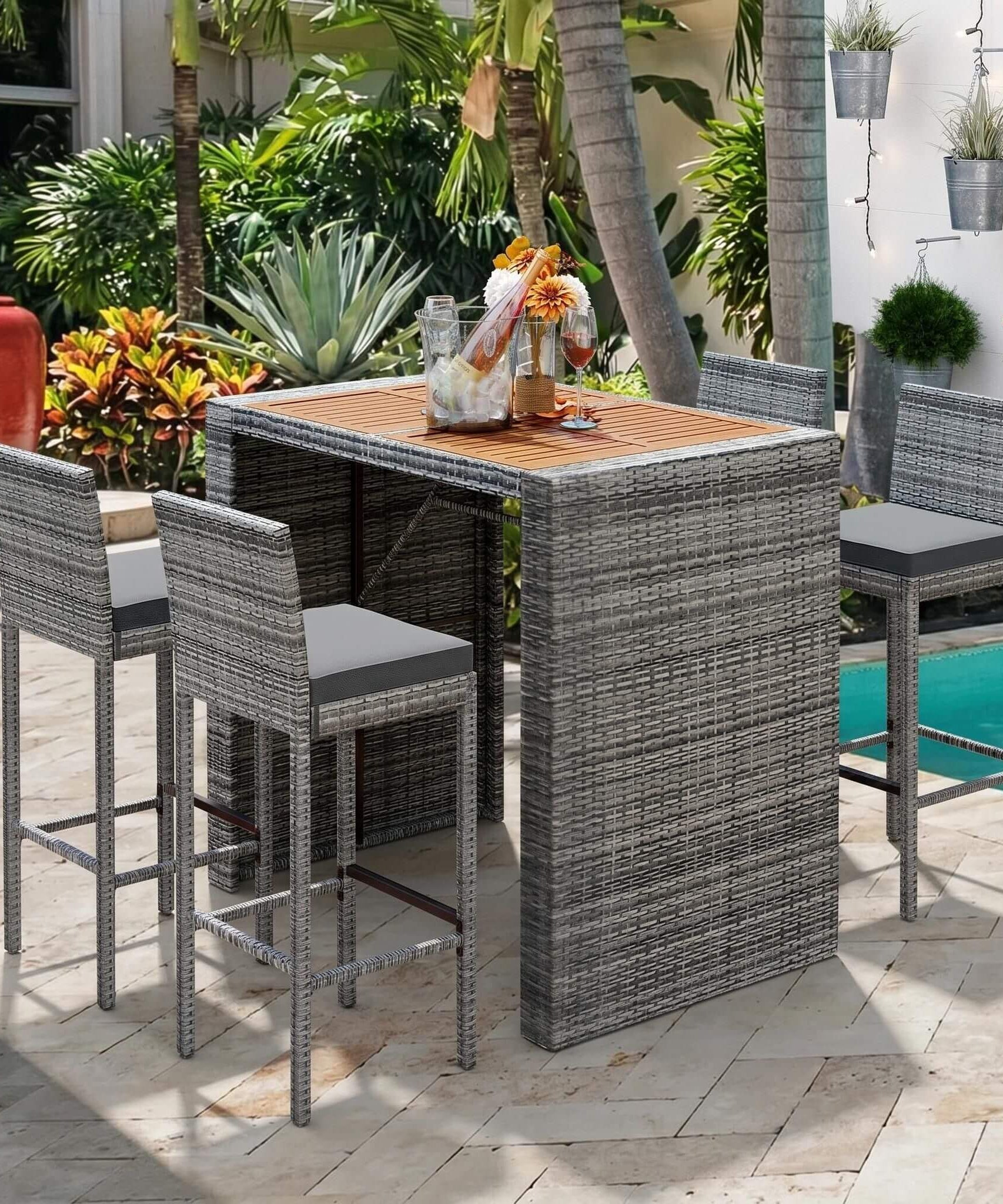 Alora 5-Piece Wicker Patio Bar Set With Cushions & Acacia Table (SAK26801)