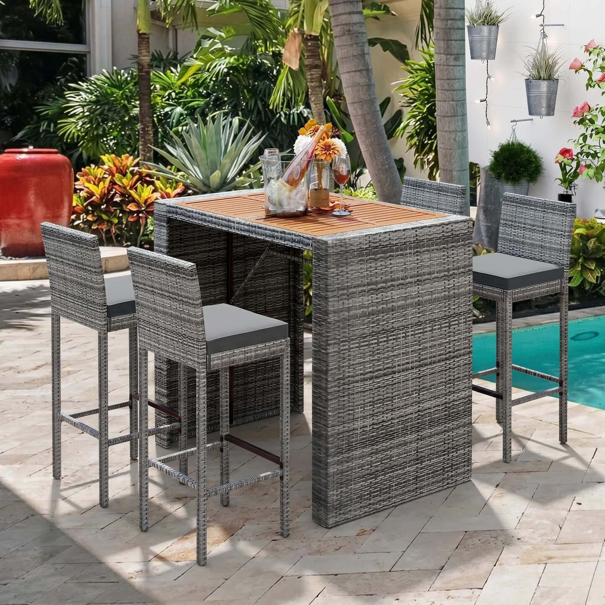 Alora 5-Piece Wicker Patio Bar Set With Cushions & Acacia Table (SAK26801)