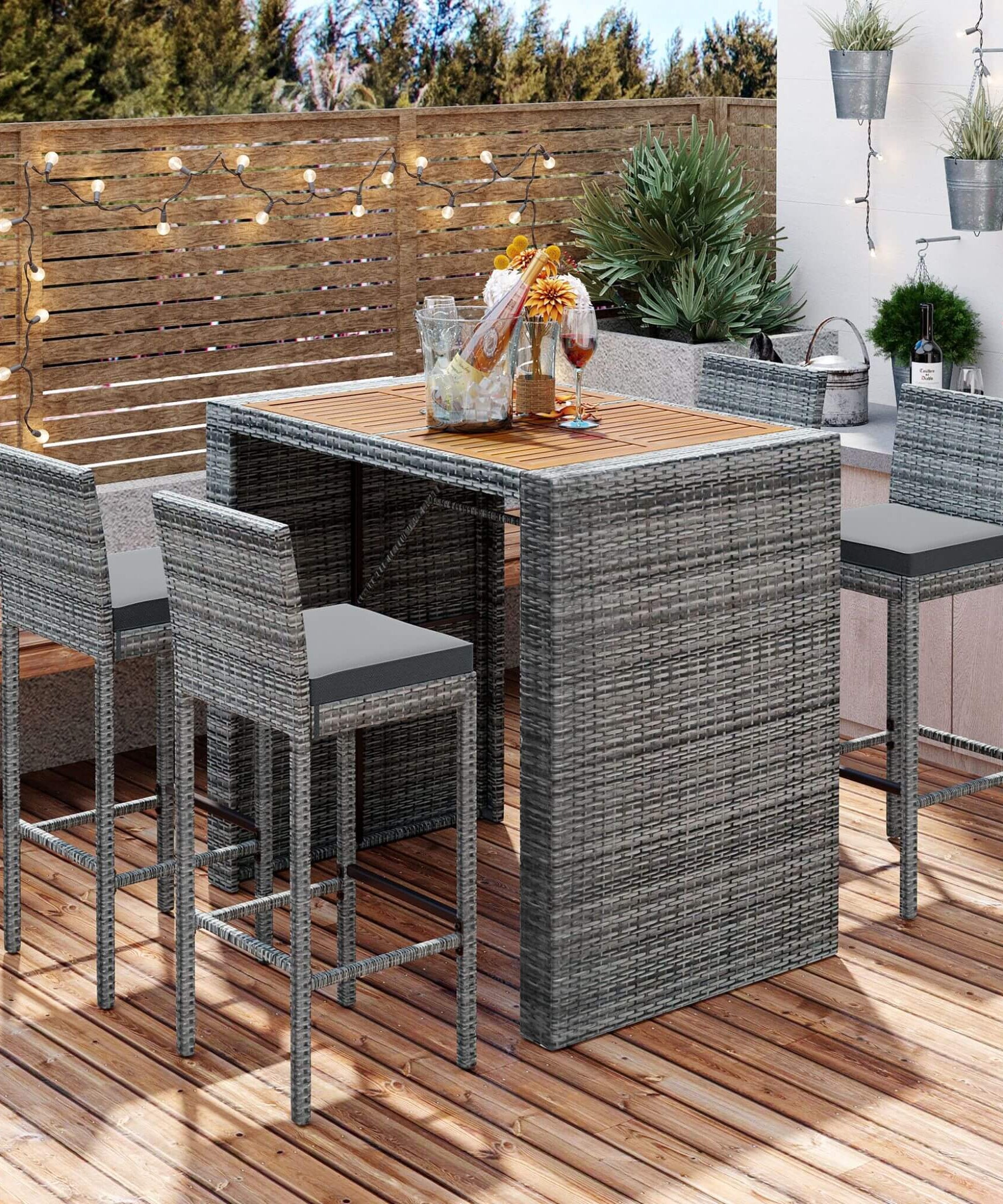 Alora 5-Piece Wicker Patio Bar Set With Cushions & Acacia Table (SAK26801)