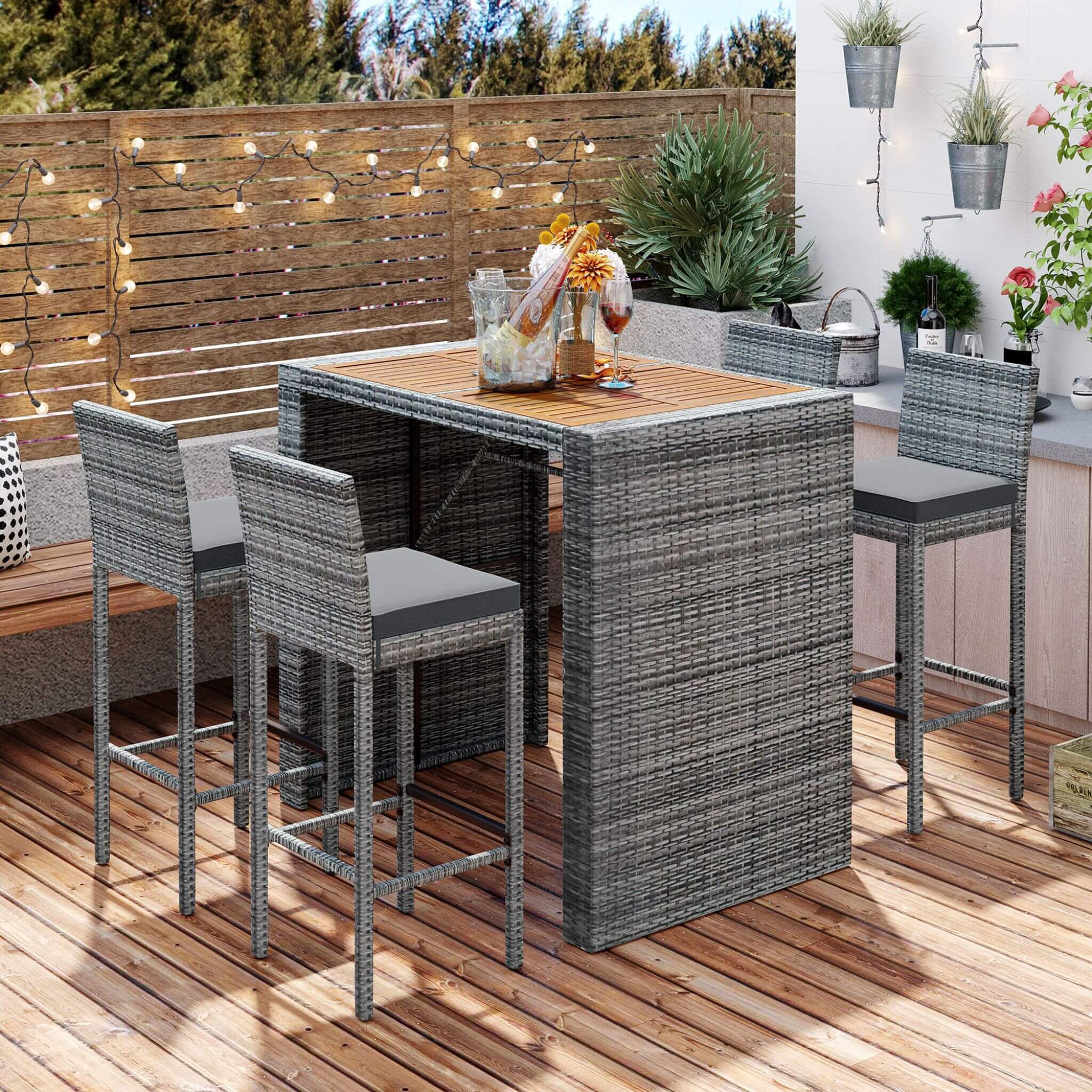 Alora 5-Piece Wicker Patio Bar Set With Cushions & Acacia Table (SAK26801)