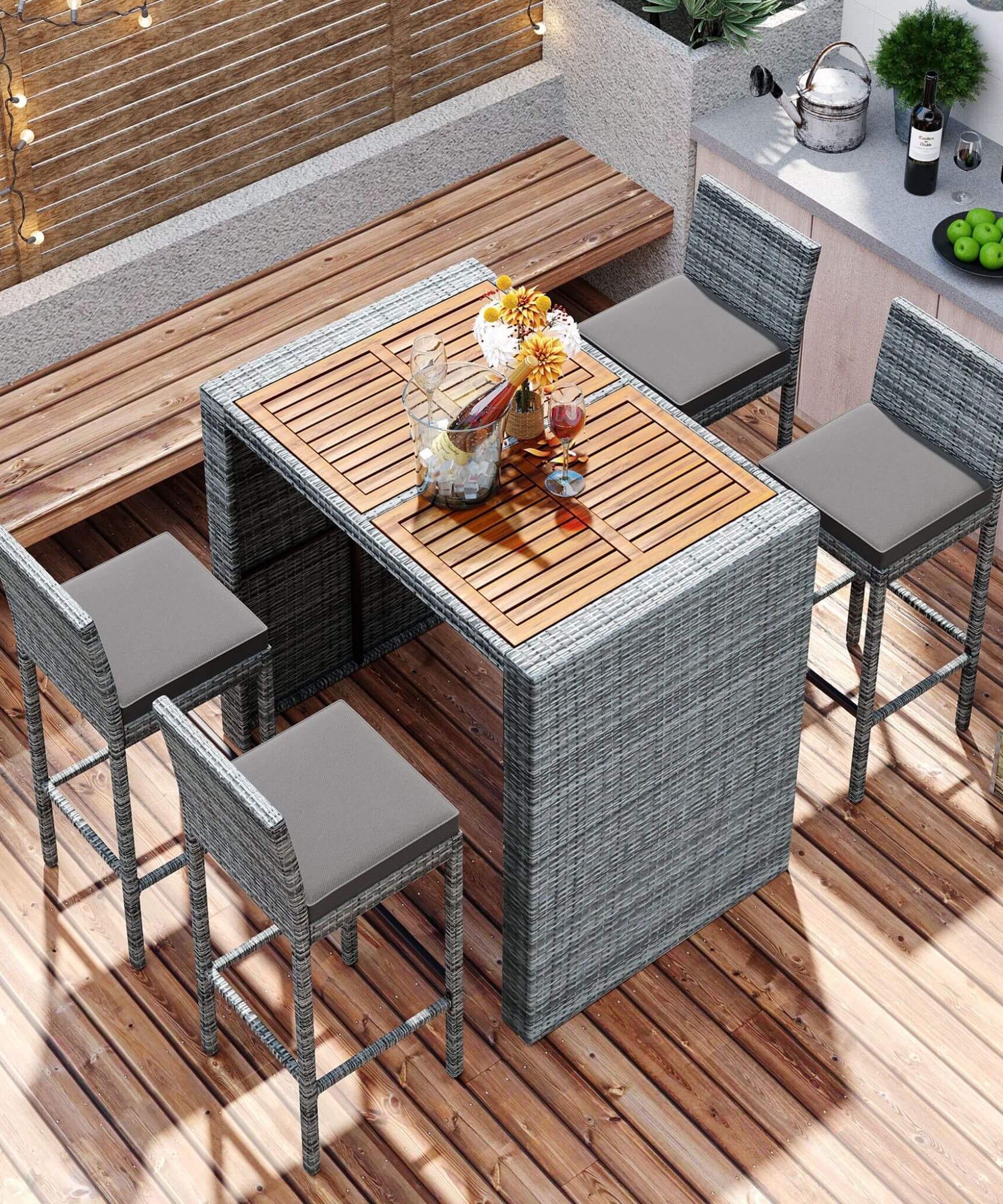 Alora 5-Piece Wicker Patio Bar Set With Cushions & Acacia Table (SAK26801)