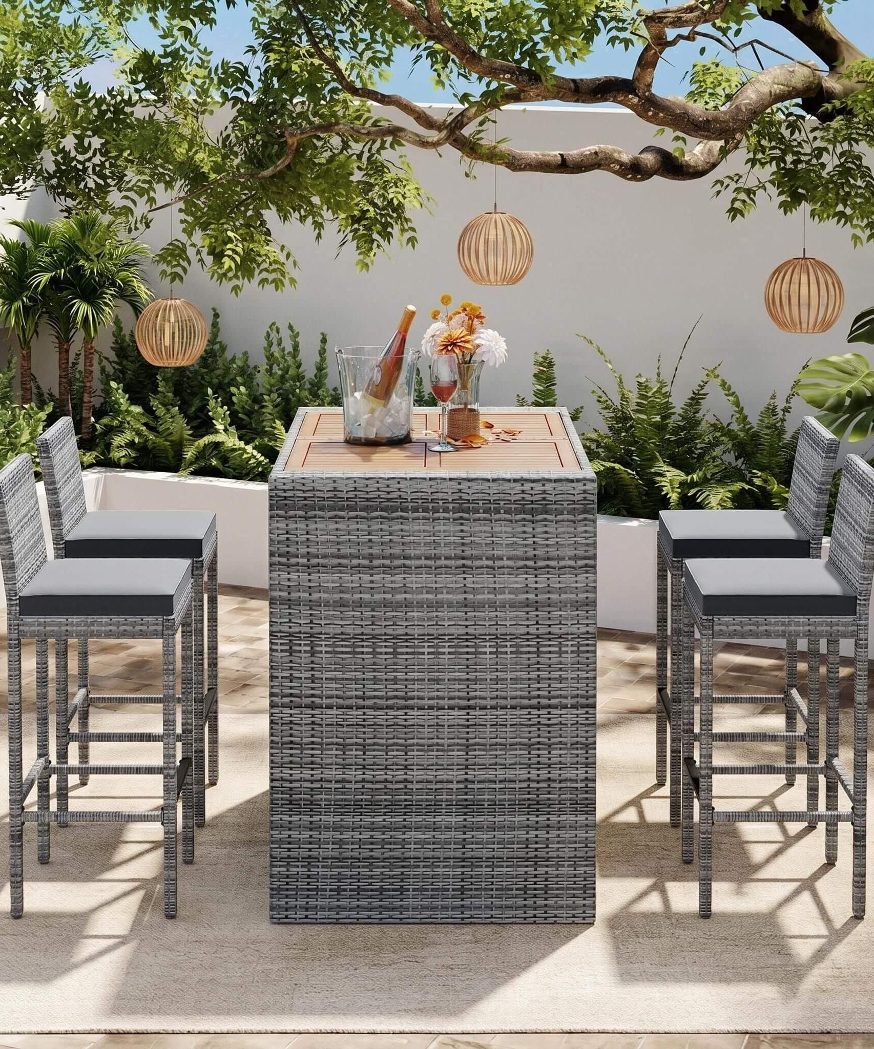 Alora 5-Piece Wicker Patio Bar Set With Cushions & Acacia Table (SAK26801)