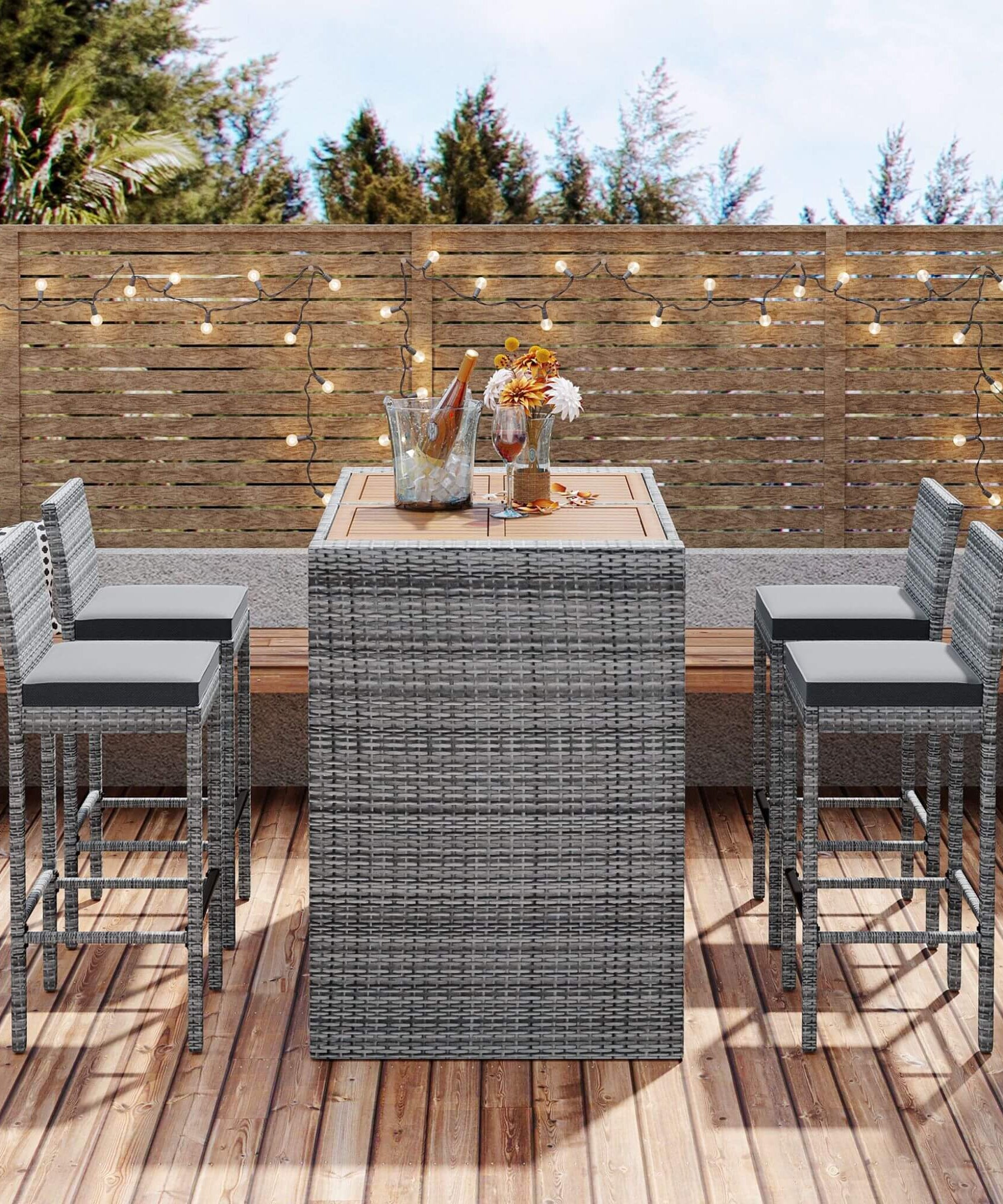 Alora 5-Piece Wicker Patio Bar Set With Cushions & Acacia Table (SAK26801)