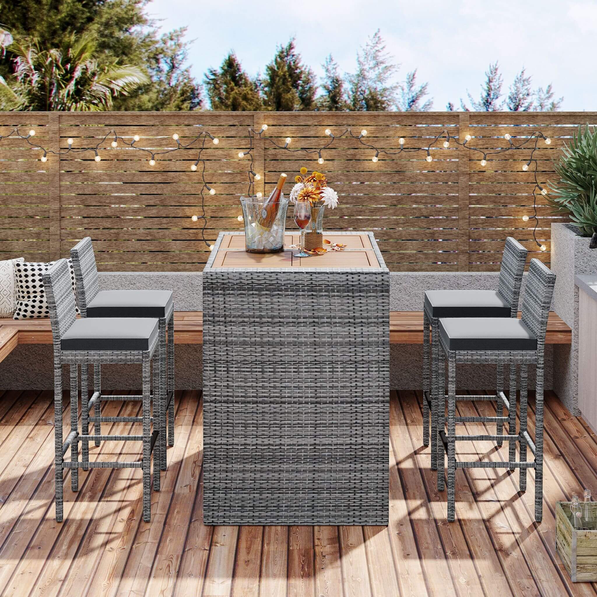 Alora 5-Piece Wicker Patio Bar Set With Cushions & Acacia Table (SAK26801)