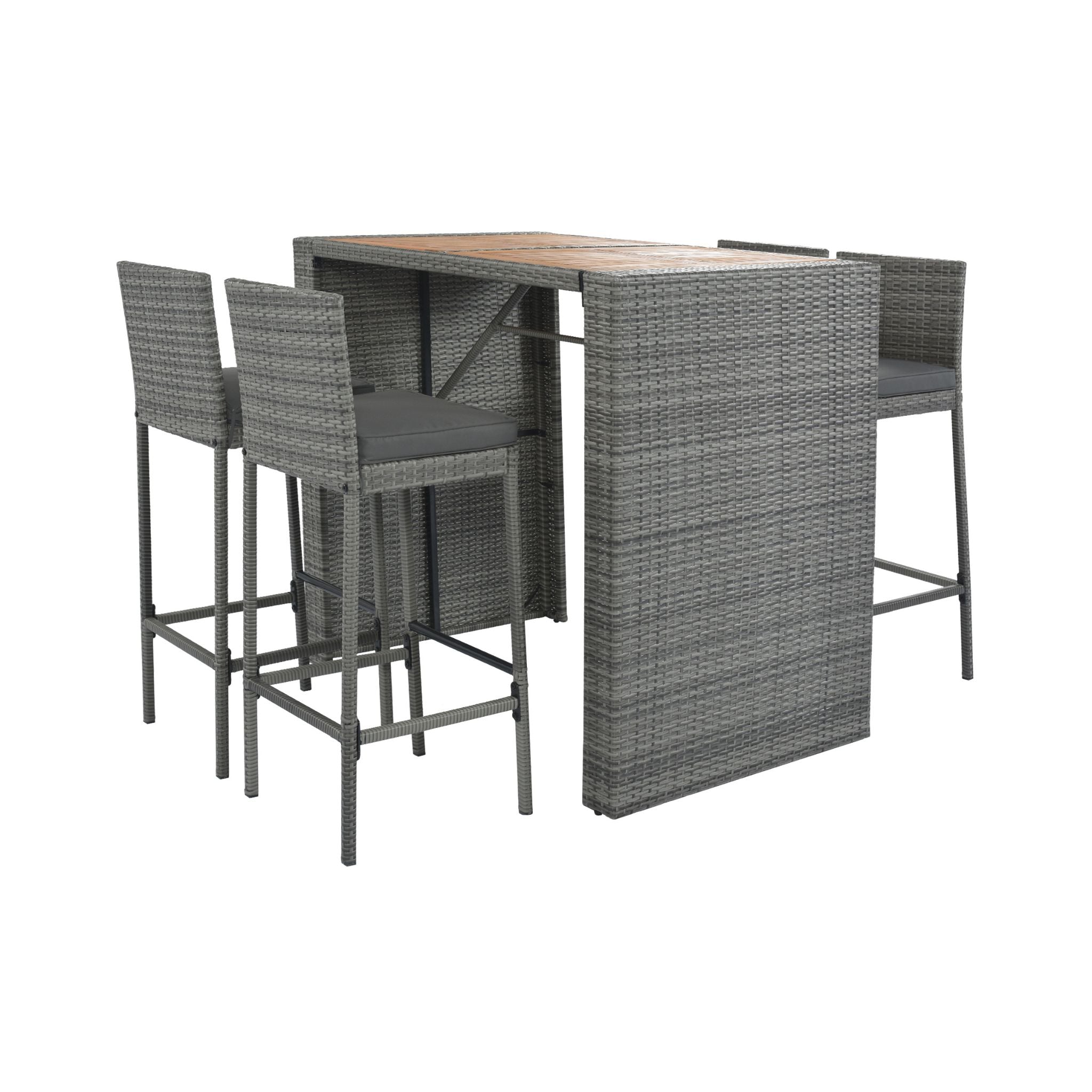 Alora 5-Piece Wicker Patio Bar Set With Cushions & Acacia Table (SAK26801)