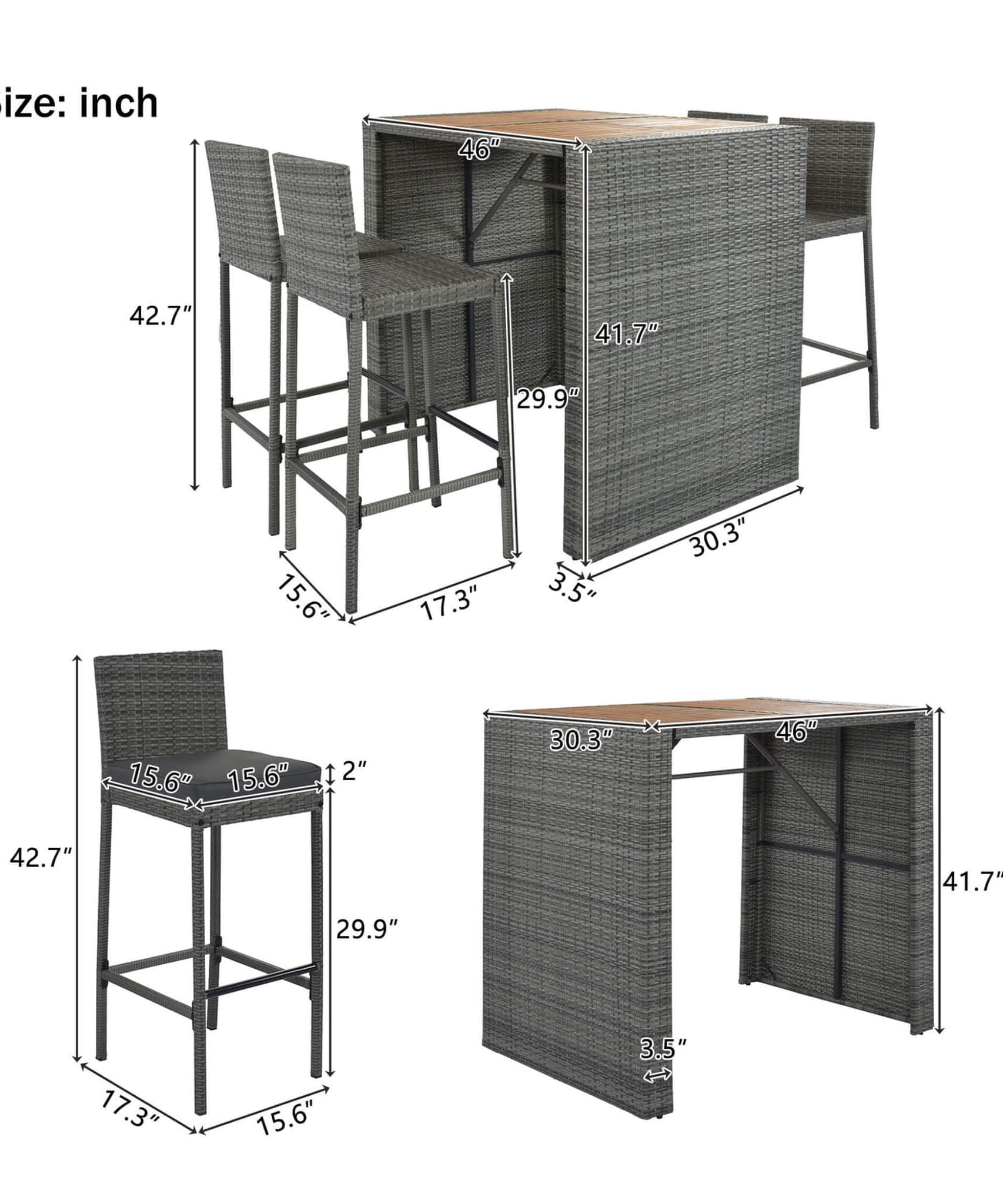 Alora 5-Piece Wicker Patio Bar Set With Cushions & Acacia Table (SAK26801)