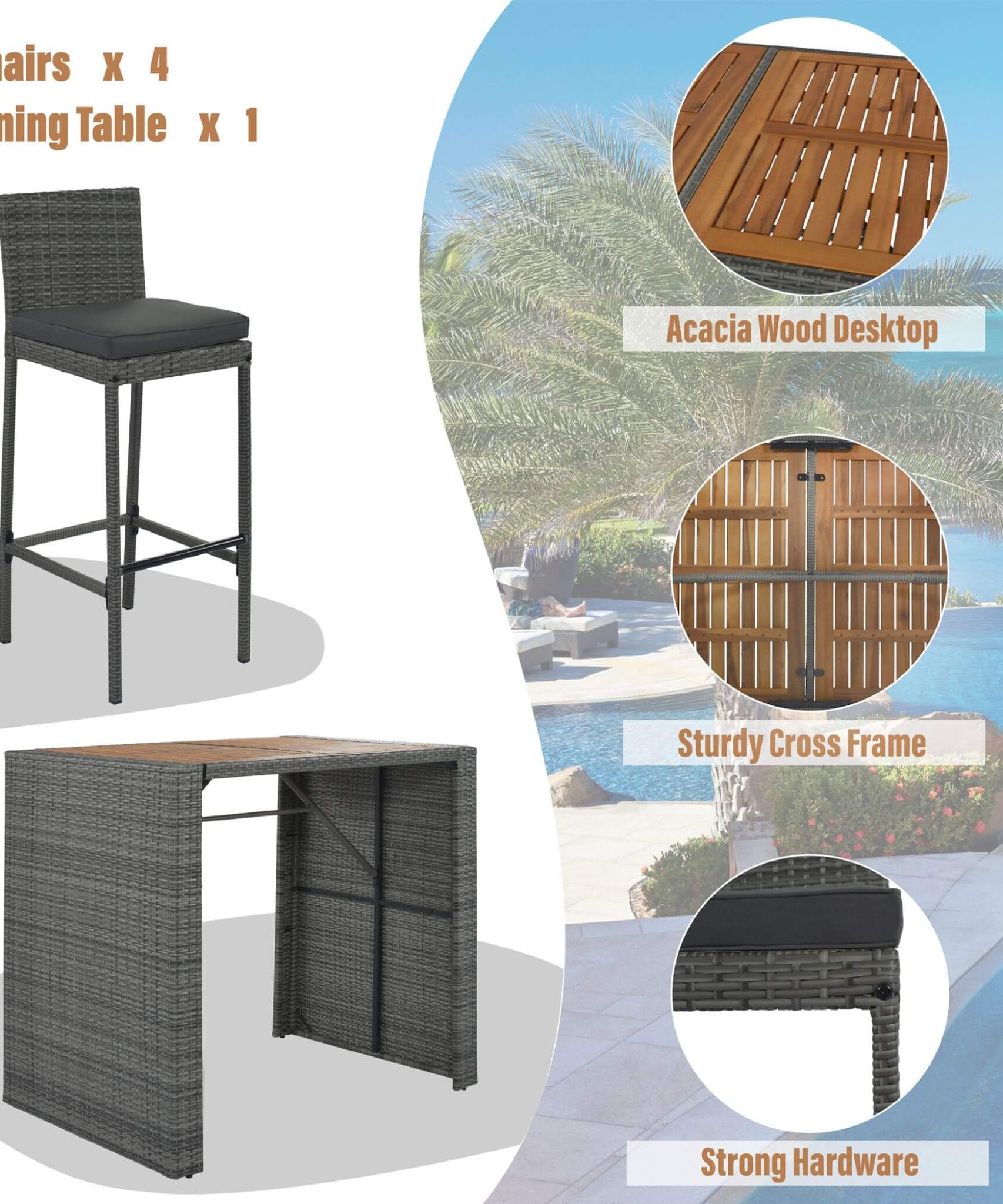 Alora 5-Piece Wicker Patio Bar Set With Cushions & Acacia Table (SAK26801)