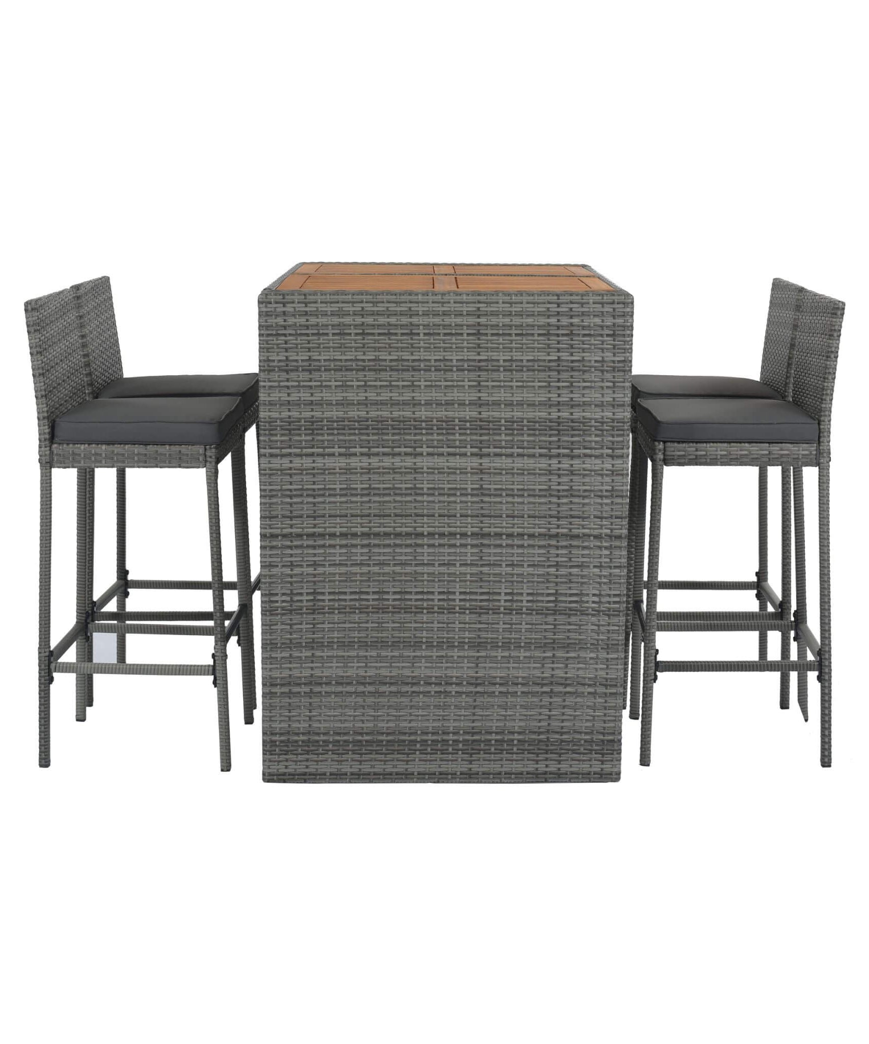 Alora 5-Piece Wicker Patio Bar Set With Cushions & Acacia Table (SAK26801)