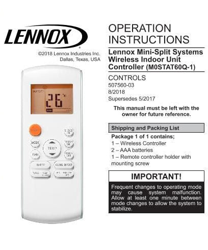 Lennox M0STAT60Q-1 Air Conditioner Remote Control - M0STAT60Q-1