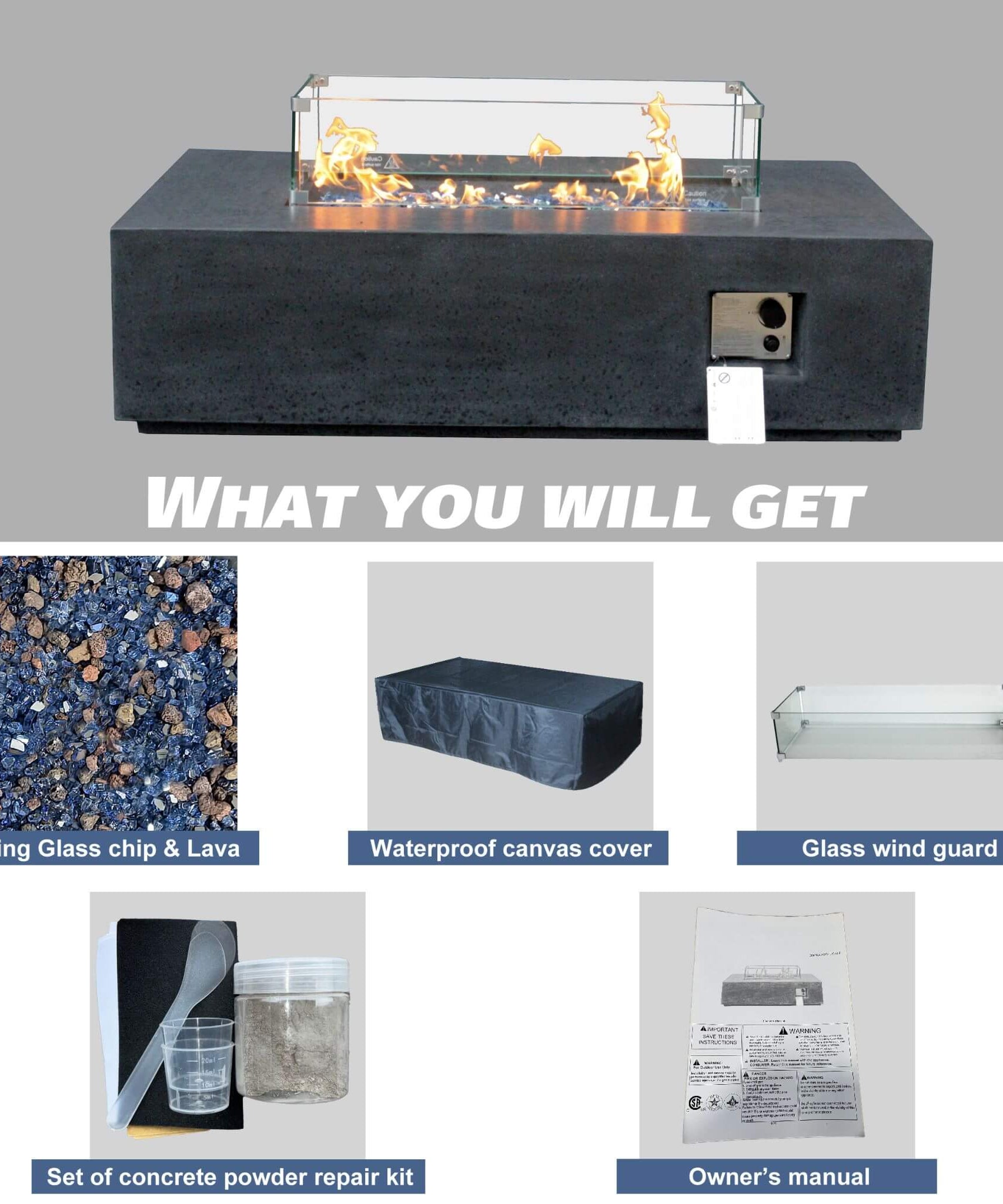 Alora 52-Inch Portable Concrete Rectangular Propane Fire Pit Table With Repair Kit (SAK52304)
