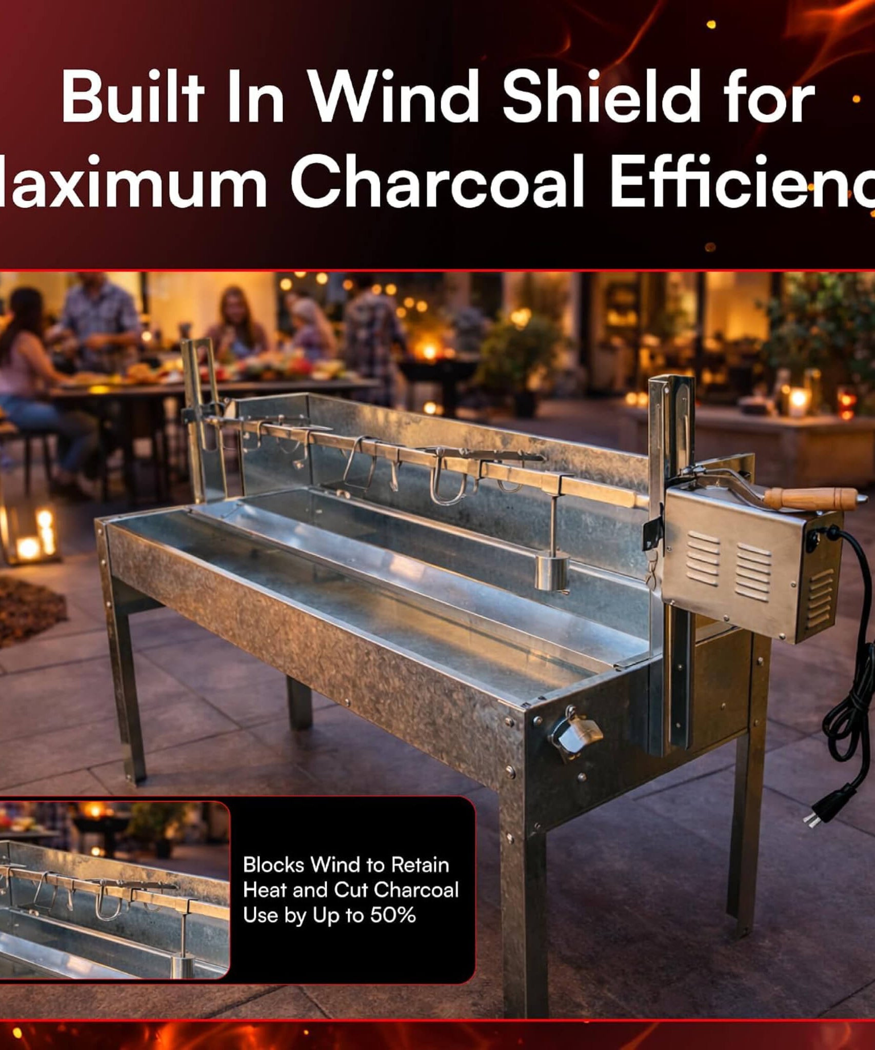 52-Inch Stainless Steel Charcoal Rotisserie Spit Roaster With Wind Shield (SAK37482)