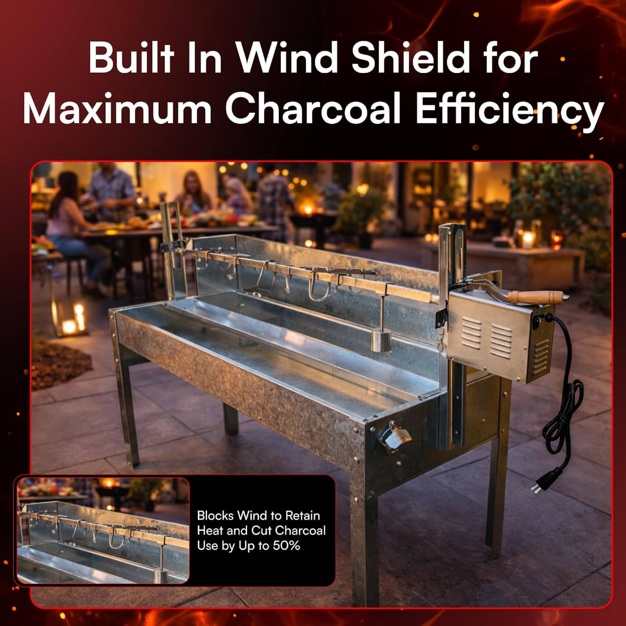 52-Inch Stainless Steel Charcoal Rotisserie Spit Roaster With Wind Shield (SAK37482)