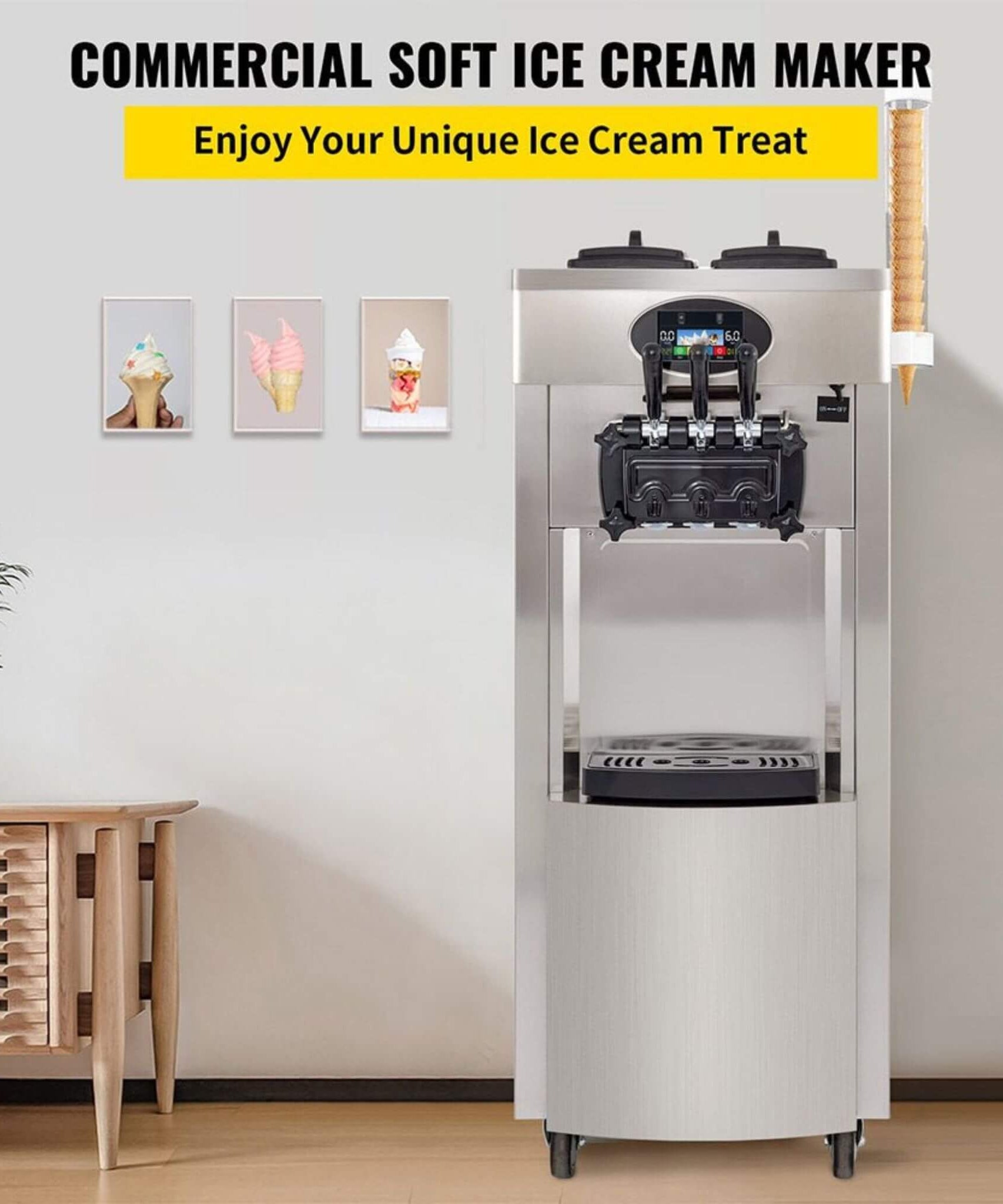 53-Inch Freestanding 3-Flavors Commercial Soft Serve Yogurt Ice Cream Machine Maker With Auto Clean (SAK74031)