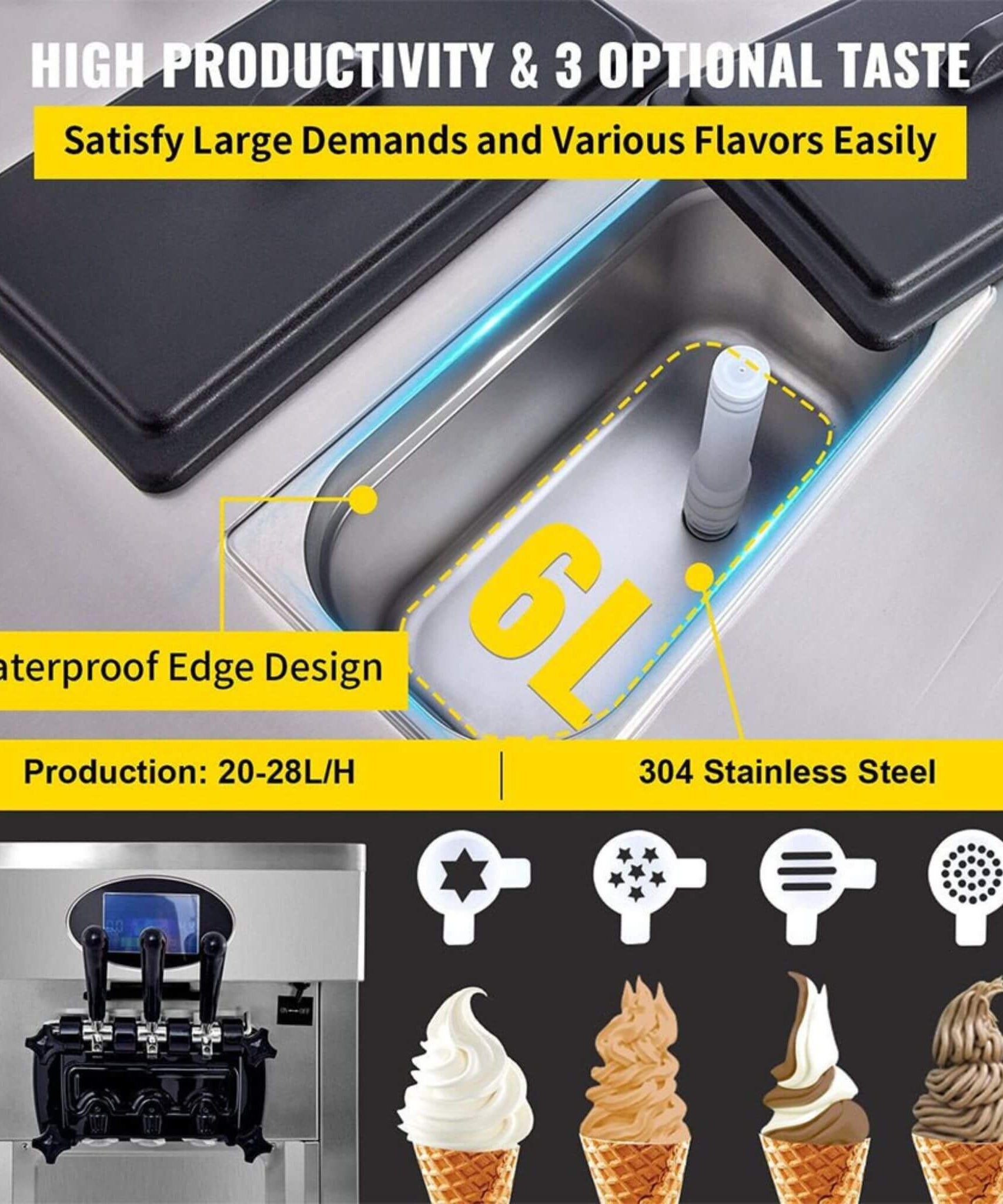53-Inch Freestanding 3-Flavors Commercial Soft Serve Yogurt Ice Cream Machine Maker With Auto Clean (SAK74031)