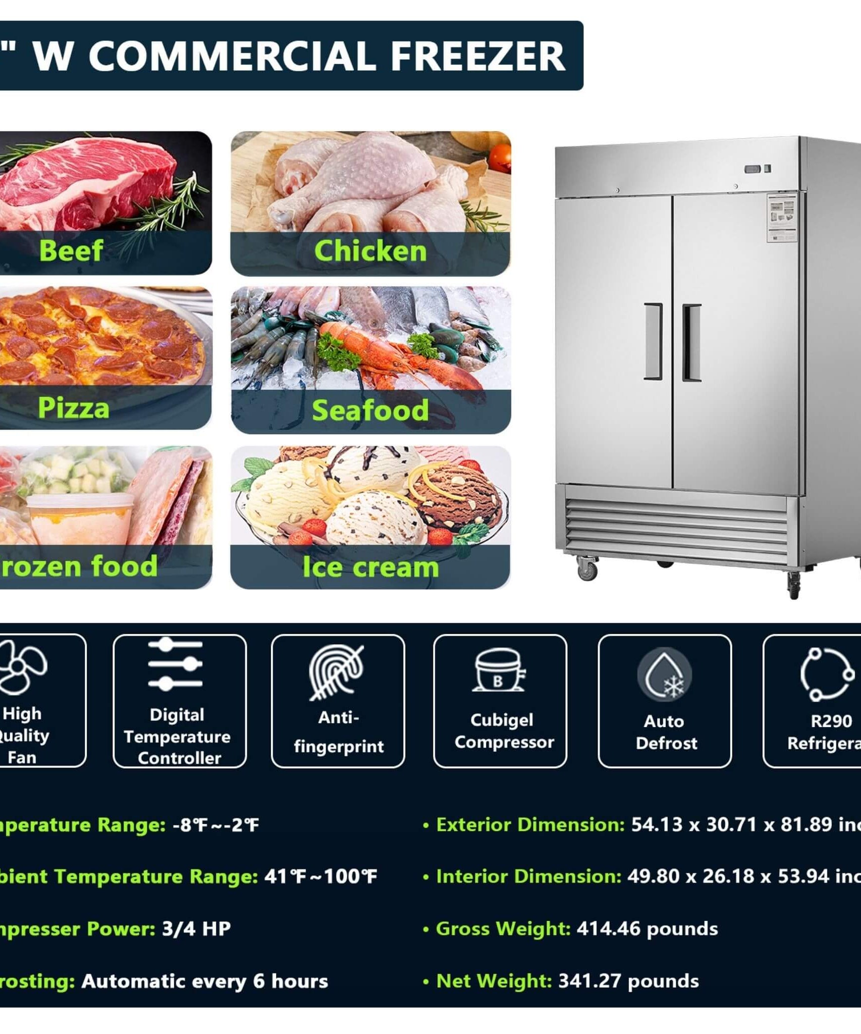 54-Inch 42.2 Cu.Ft Commercial Stainless Steel 2-Section Upright Reach-In Freezer (SAK35148)
