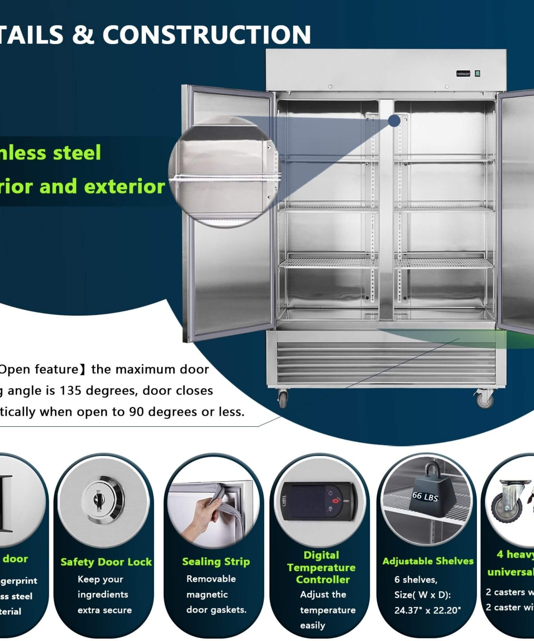 54-Inch 42.2 Cu.Ft Commercial Stainless Steel 2-Section Upright Reach-In Freezer (SAK35148)