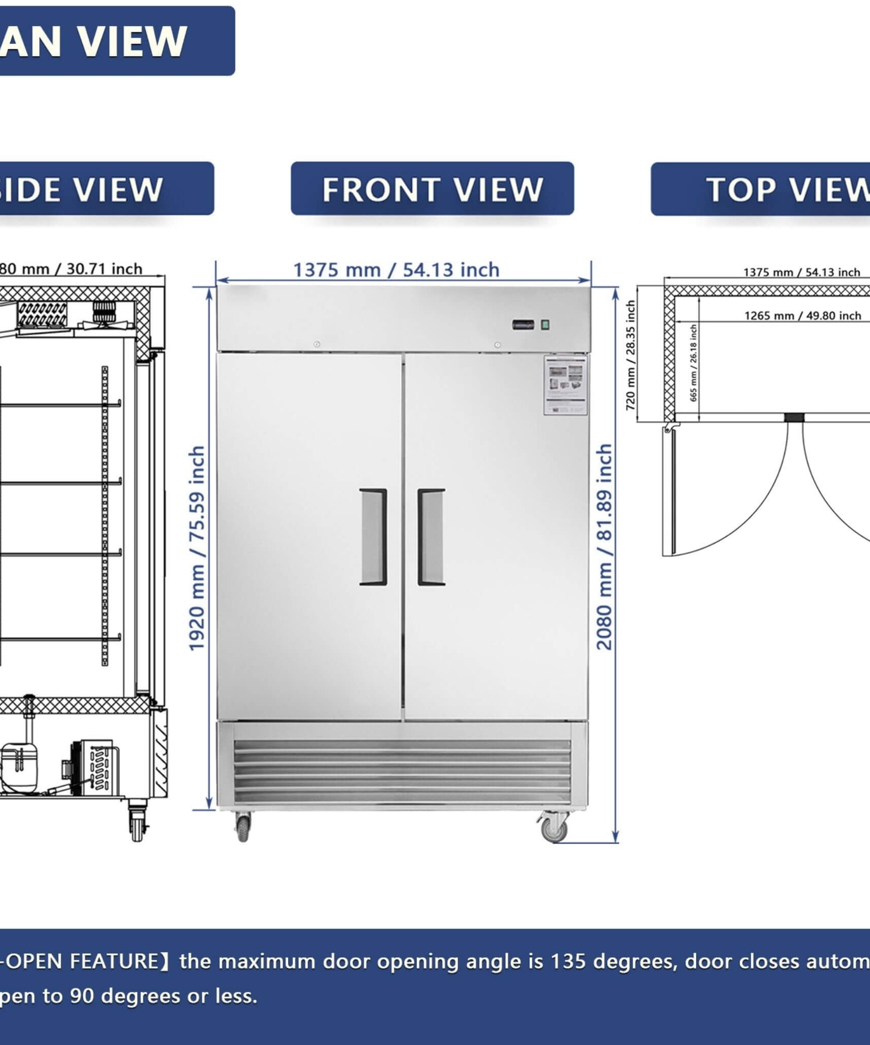 54-Inch 42.2 Cu.Ft Commercial Stainless Steel 2-Section Upright Reach-In Freezer (SAK35148)