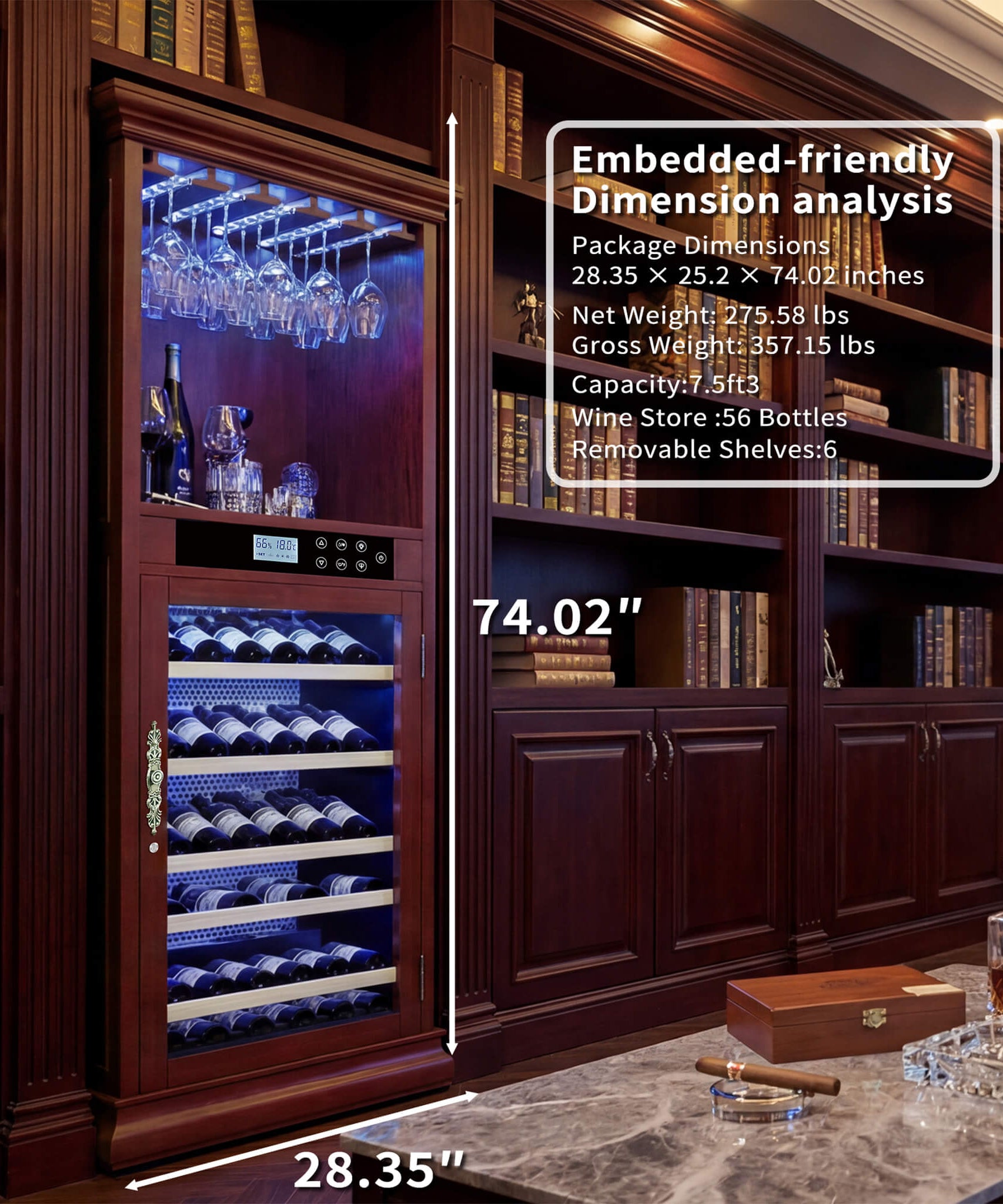 Nuvia 56-Bottle 7.5 Cu.Ft Single-Zone Multi-Tiered Wooden Wine Cooler Cabinet With Humidity And Temperature Controls (SAK73195)