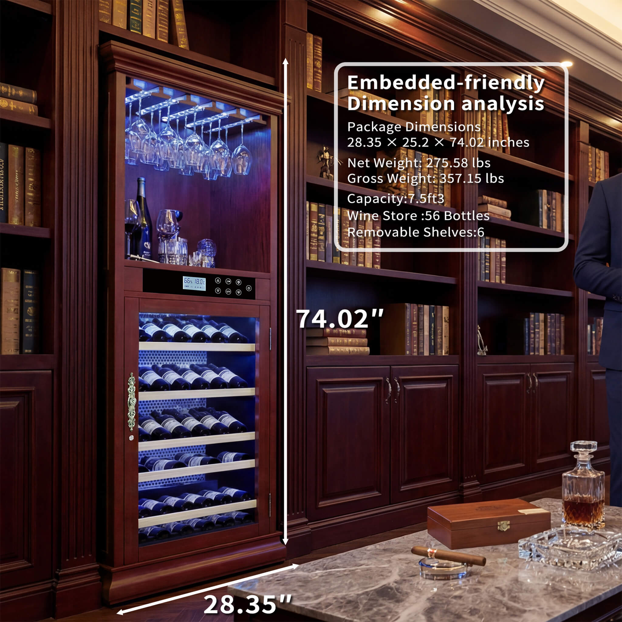Nuvia 56-Bottle 7.5 Cu.Ft Single-Zone Multi-Tiered Wooden Wine Cooler Cabinet With Humidity And Temperature Controls (SAK73195)