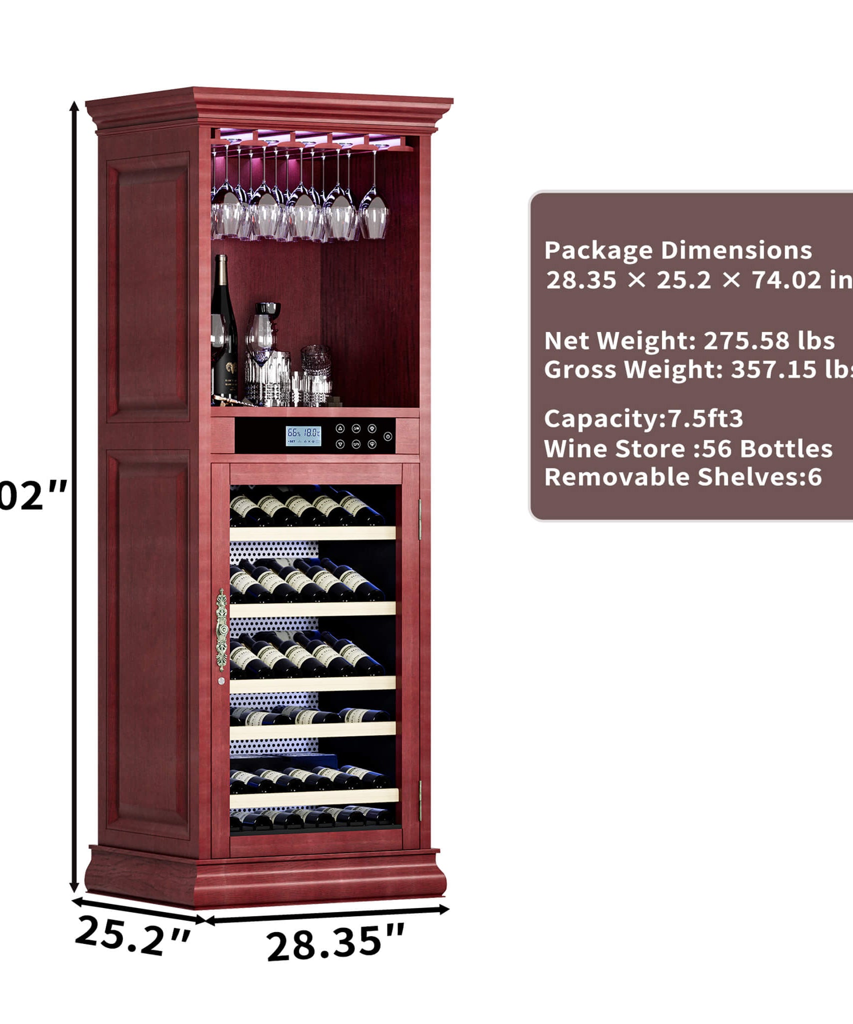Nuvia 56-Bottle 7.5 Cu.Ft Single-Zone Multi-Tiered Wooden Wine Cooler Cabinet With Humidity And Temperature Controls (SAK73195)