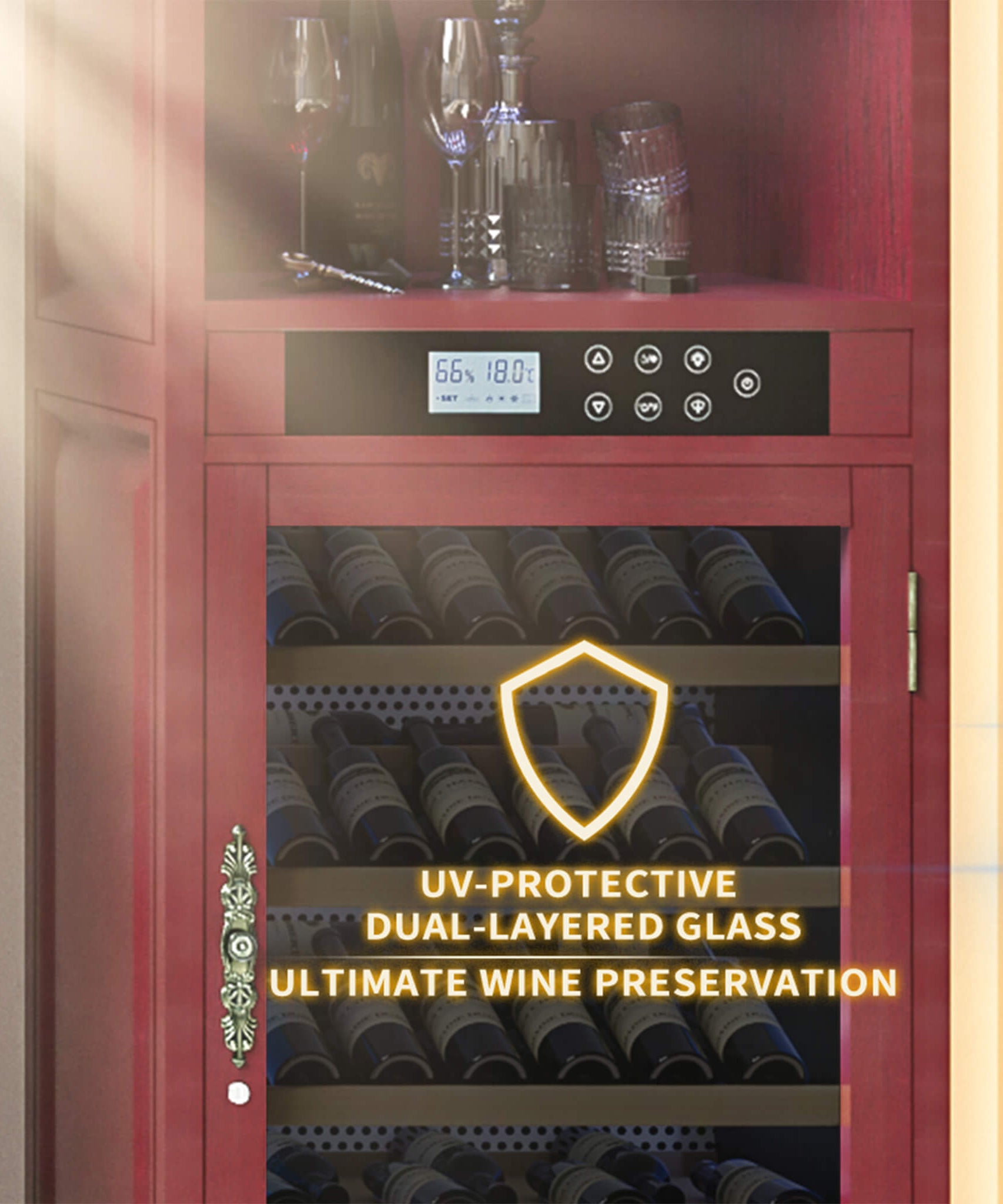 Nuvia 56-Bottle 7.5 Cu.Ft Single-Zone Multi-Tiered Wooden Wine Cooler Cabinet With Humidity And Temperature Controls (SAK73195)