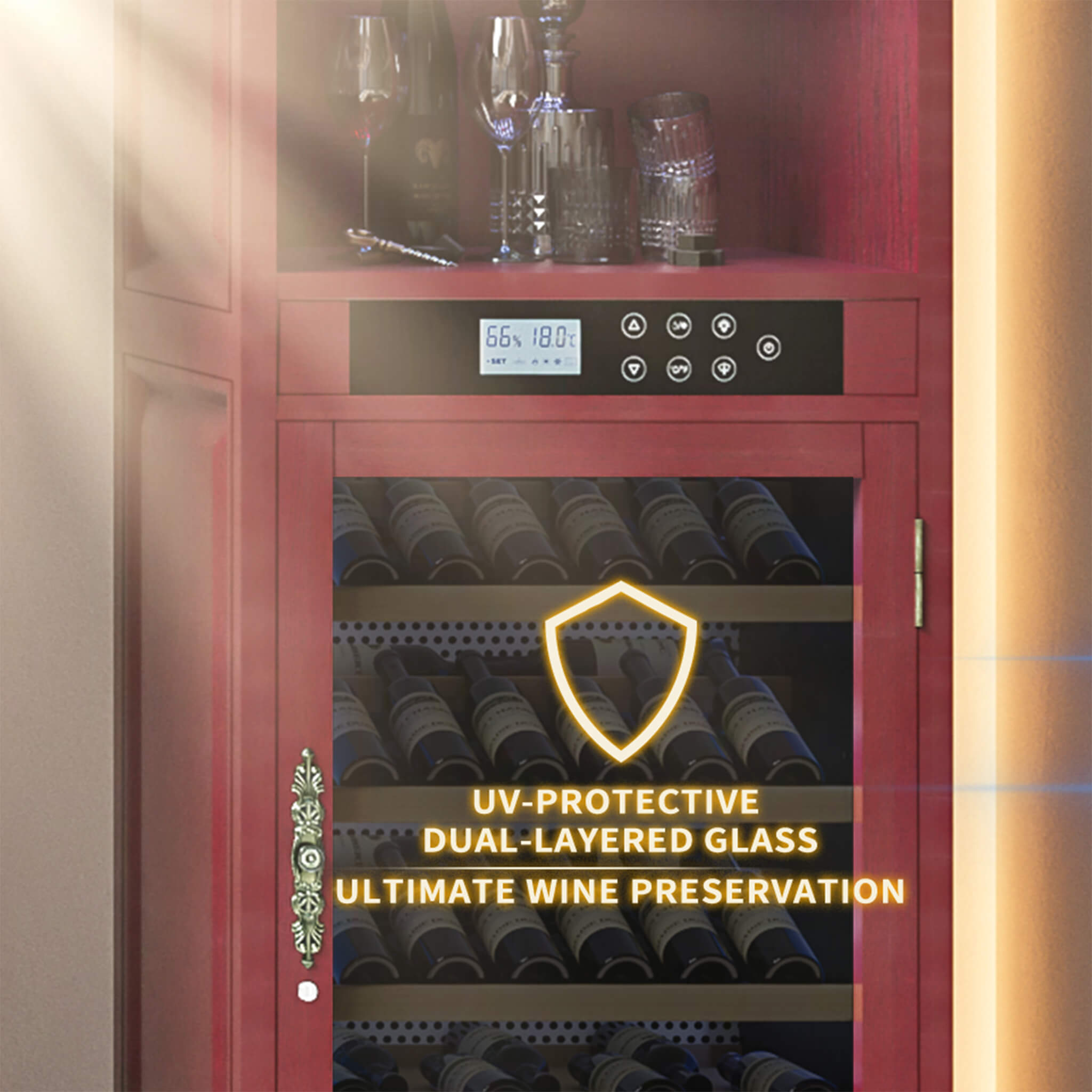 Nuvia 56-Bottle 7.5 Cu.Ft Single-Zone Multi-Tiered Wooden Wine Cooler Cabinet With Humidity And Temperature Controls (SAK73195)