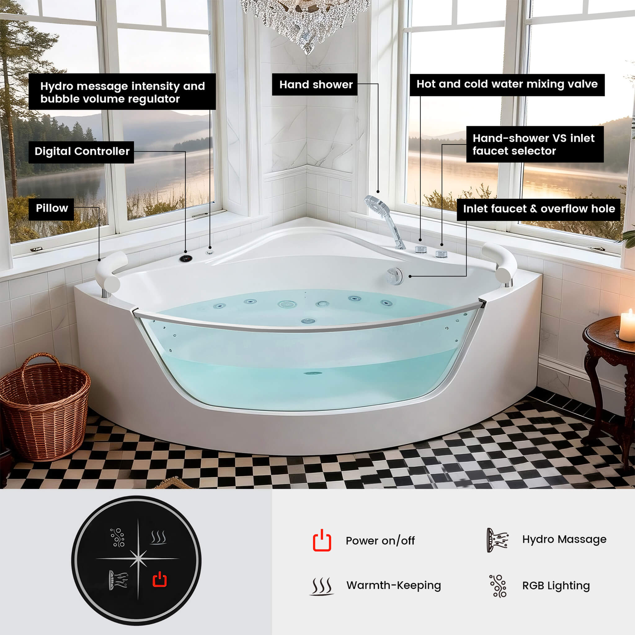 Nuvia Serenity 59-Inch 2-Person Acrylic Corner Whirlpool 16-Jet Hydro Massage Bathtub With Heater Rainbow Light (SAK12058)